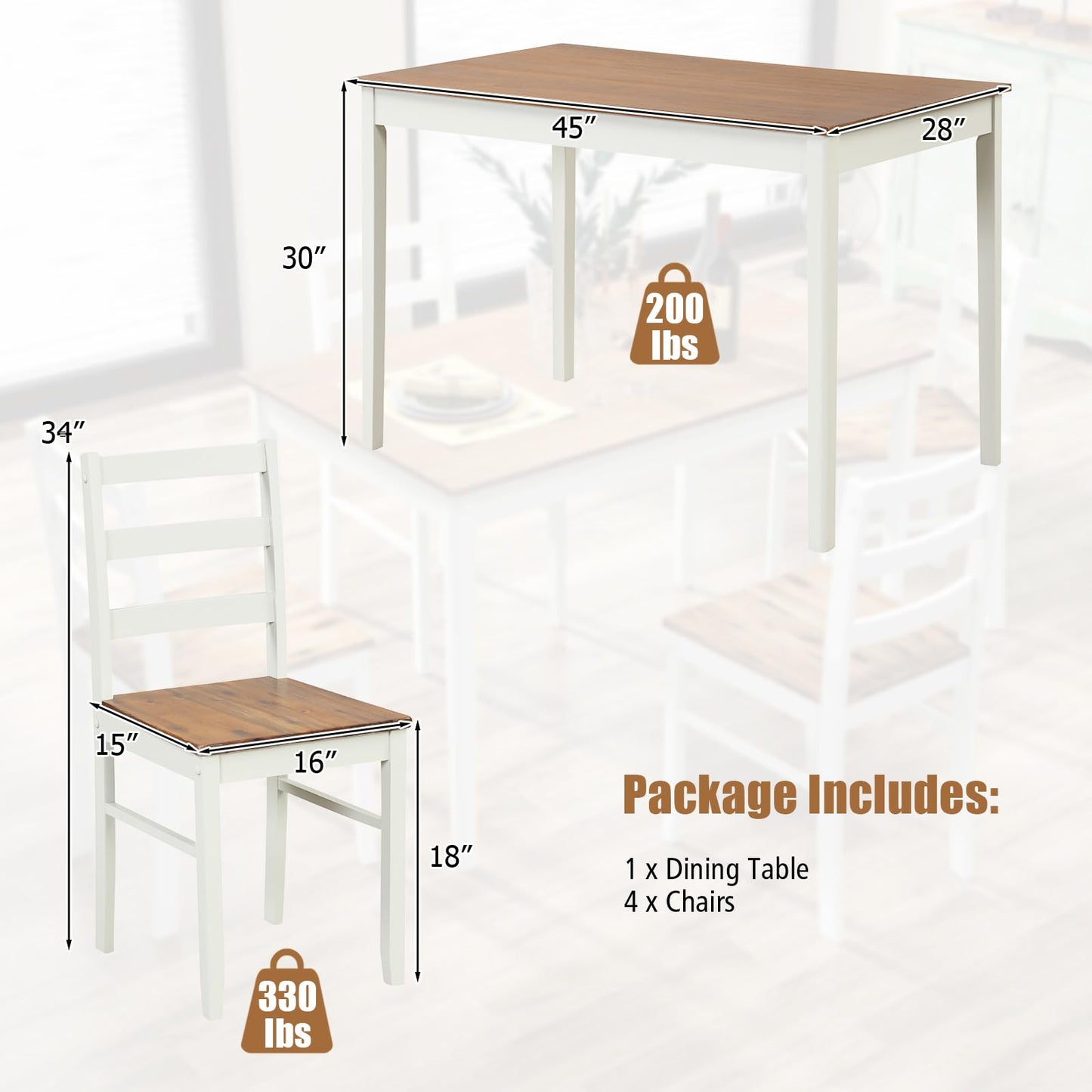Tangkula Dining Table Set for 4, Solid Wood, Farmhouse Dinette Set w/Rubber Wood Legs, Mid-Century Modern, Compact Dining Table and Chairs Set for Kitchen, Dining Room (Brown+White)