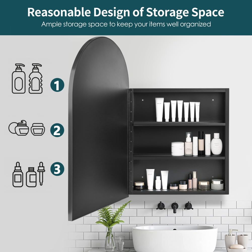 Movo 20 x31 Inch Arched Black Medicine Cabinet with Mirror,Metal Framed Wall Mounted,Recessed Medicine Cabinets for Bathroom,Bathroom Mirror Medicine Cabinet with 2 Removable Shelves