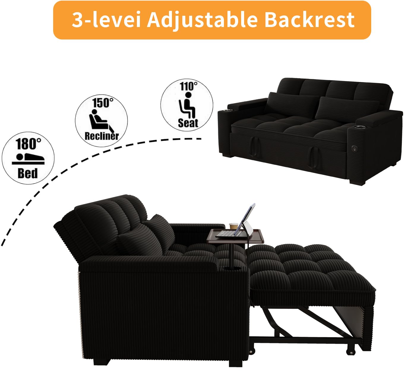 KEIKI 65" 3-in-1 Convertible Sofa Bed with 360° Swivel Table, Pullout Sleeper for Living Room, Small Space Apartment, Modern Textured Corduroy Upholstery, USB Charging, Storage Armrests