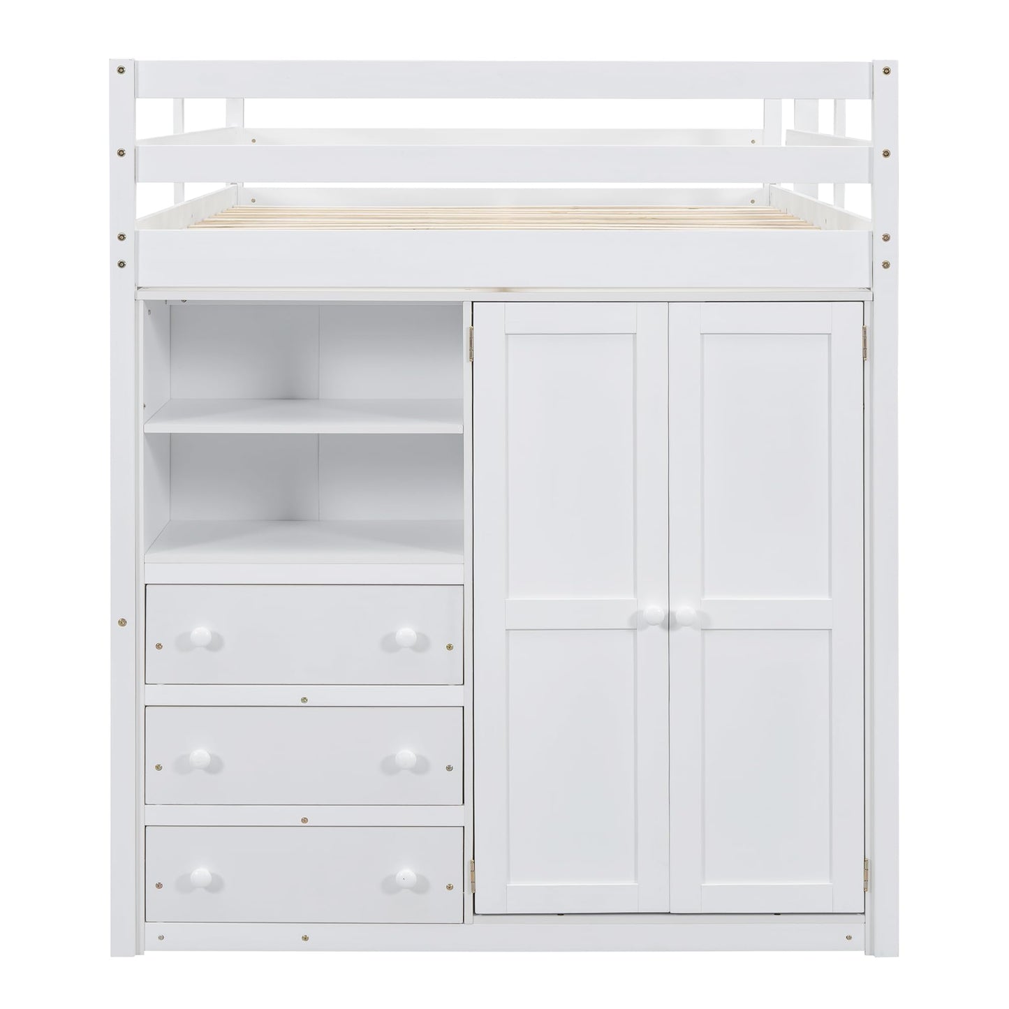 Merax Full Size Wood Loft Bed with Built-in Wardrobe, Large Desk, 2-Tier Storage Shelves & 3 Drawers, Solid Pine Wood Frame, 350 lbs Capacity, No Box Spring Needed for Bedroom, White