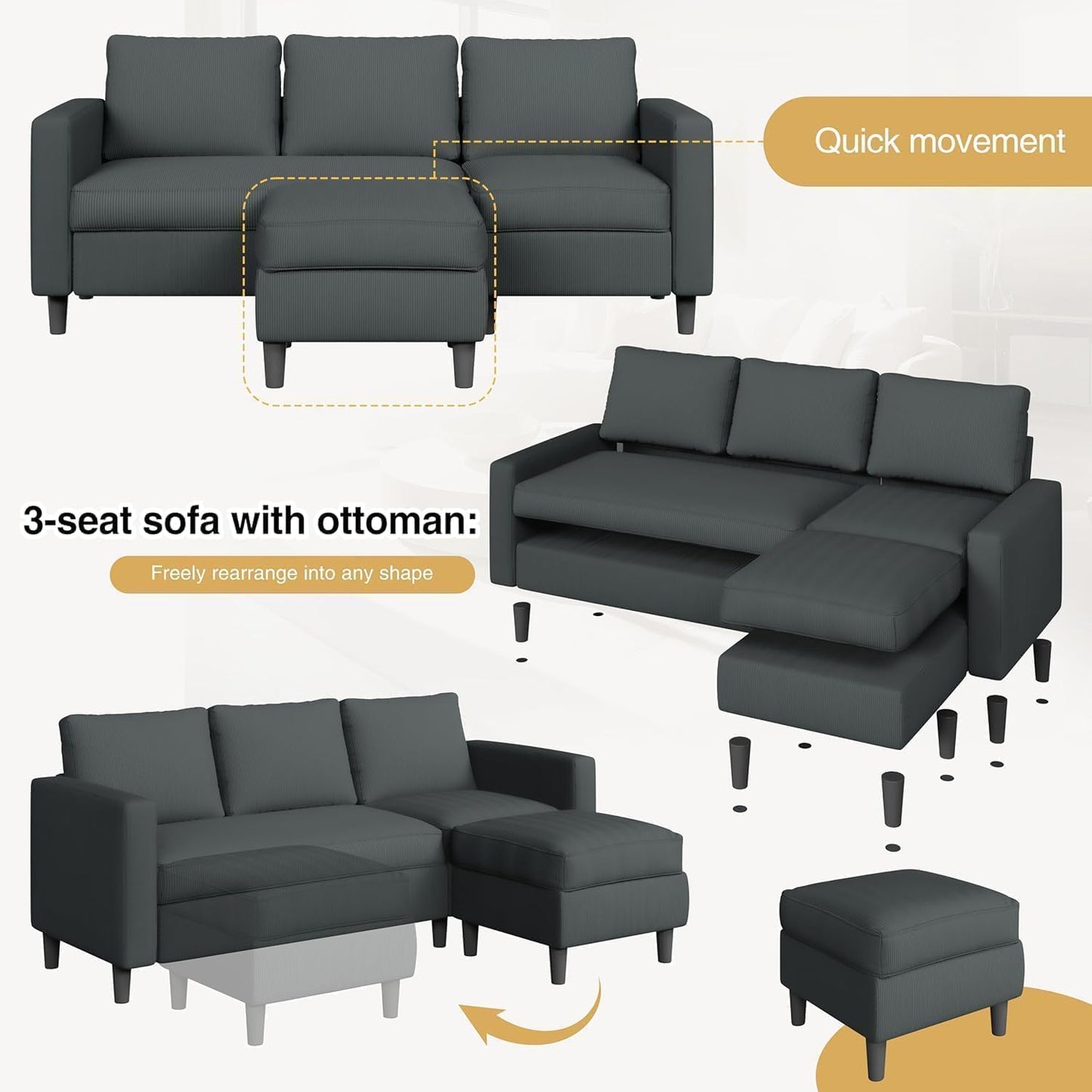 JAMFLY Couches for Living Room, 3-Seat Reversible Sectional Sofa with Convertible Ottoman, Modern Ribbed Fabric L-Shaped Couch for Small Apartment, Studio & Office, Easy Assembly, Grey
