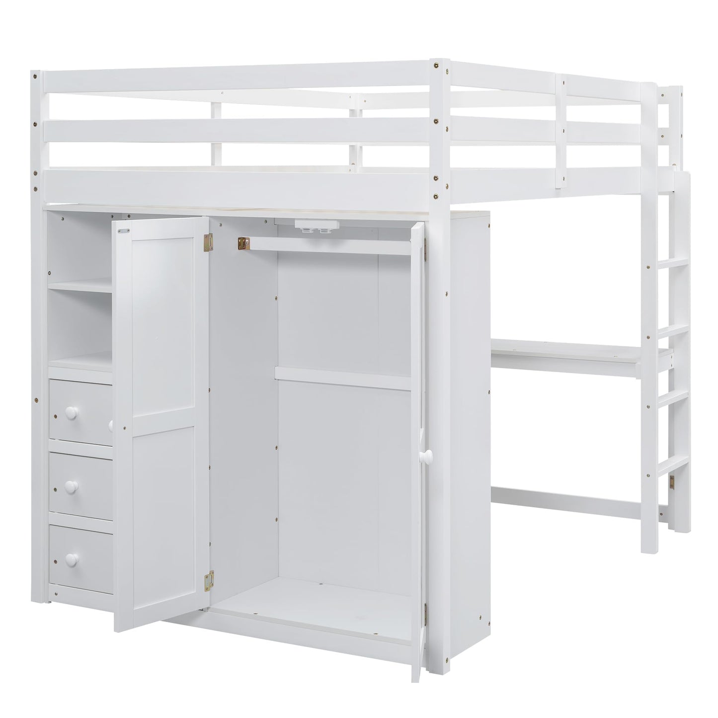 Merax Full Size Wood Loft Bed with Built-in Wardrobe, Large Desk, 2-Tier Storage Shelves & 3 Drawers, Solid Pine Wood Frame, 350 lbs Capacity, No Box Spring Needed for Bedroom, White
