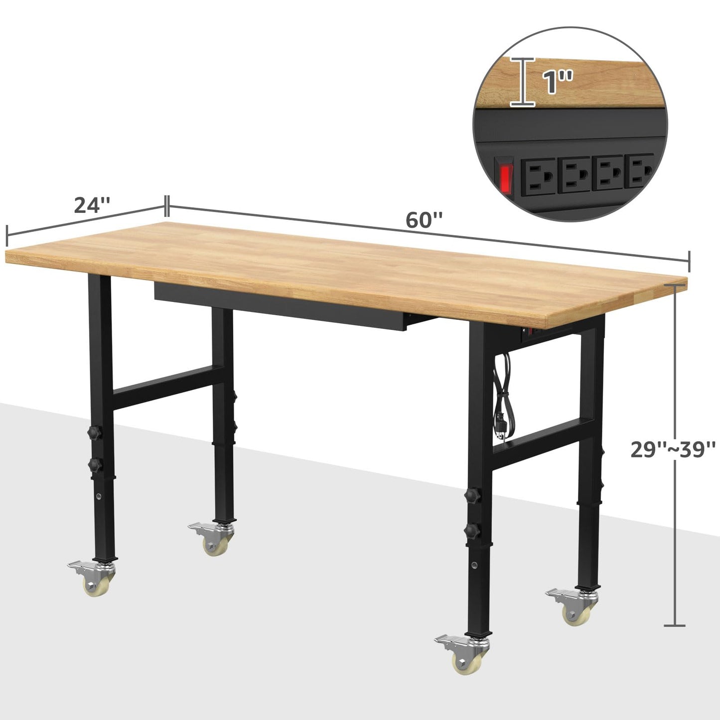 60" Adjustable Workbench,Heavy-Duty Work Table,3000 LBS Load Capacity Hardwood Workstation Outlets with Power Strips, Drawers and Wheels,for Workshop, Garage