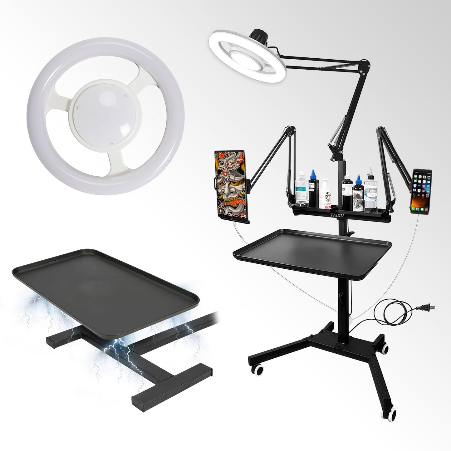 Upgraded multi-functional tattoo workbench, featuring added sockets, ultra-bright LED lights, tattoo tray trolley