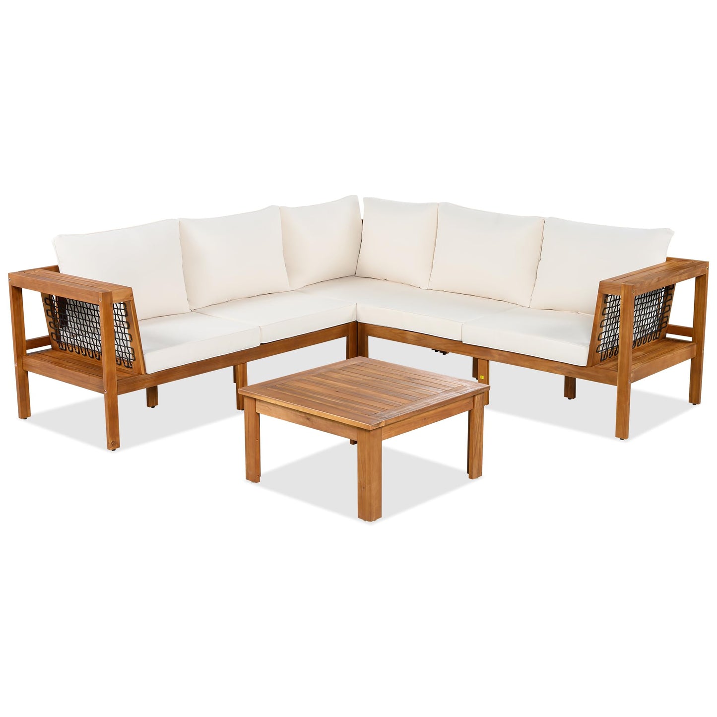 Merax 4 Pieces Patio Furniture Set, Outdoor L-Shaped Sectional Sofa Set with Coffee Table, Acacia Wood Conversation Seating & Thick Cushions and Side Table, for Backyard, Garden and Poolside, Beige