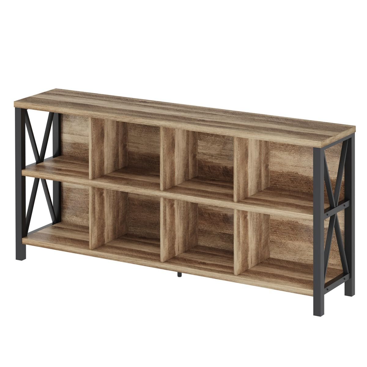 FATORRI 8 Cube Storage Organizer Bookshelf, 62 Inch Rustic Wood Horizontal Bookcase, Industrial Cube Long Book Shelf for Living Room (Rustic Oak)