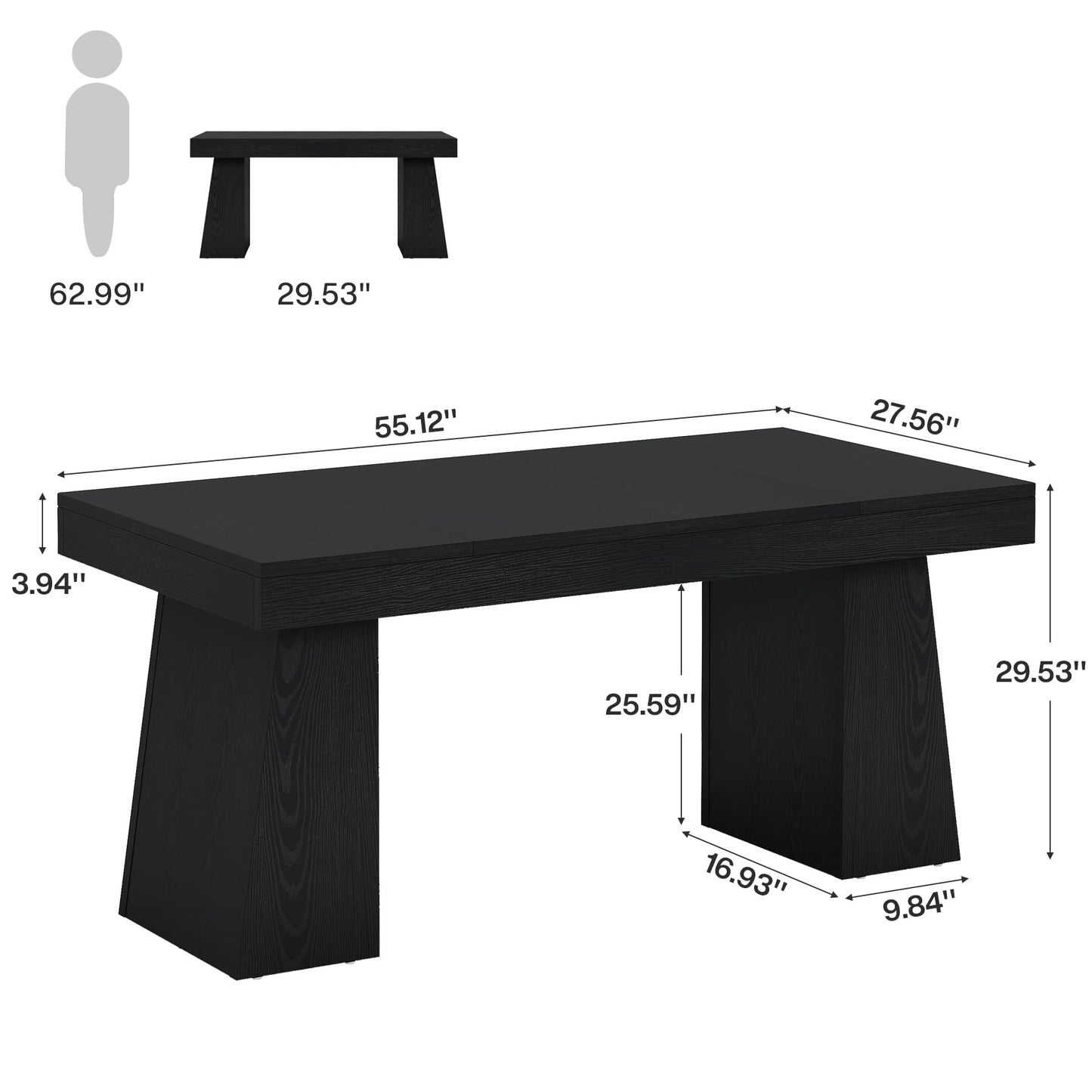 Tribesigns 55" Executive Desk, Wooden Office Desk with Double Pedestal, Modern Simple Computer Writing Table for Home Office, Black