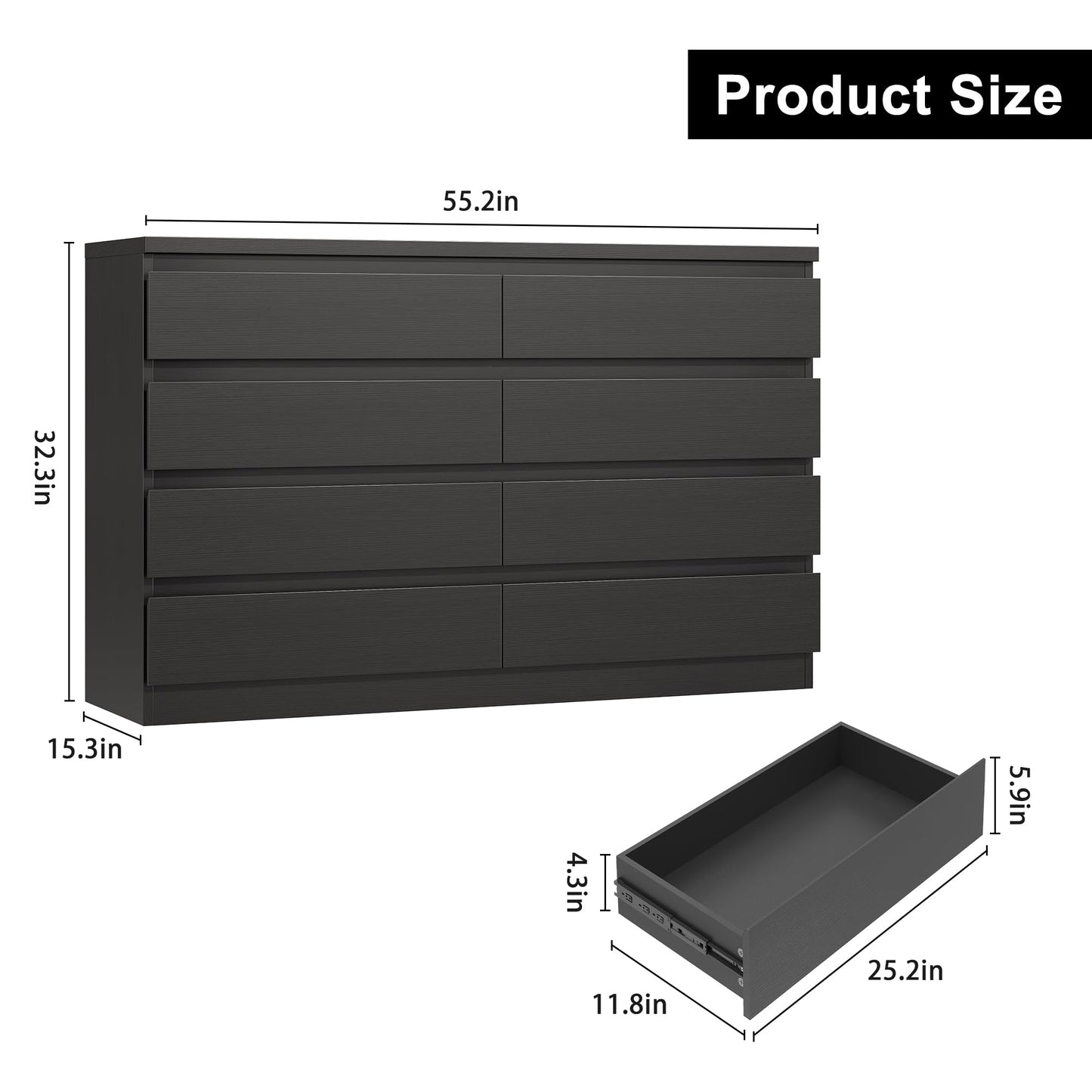 Jocoevol Modern Black 8 Drawer Dresser for Bedroom, 15.3" D x 55.2" W x 32.3" H Simply Chest of Drawers, Wood Storage Dresser with Deep Drawers for Living Room Hallway Entryway, Black
