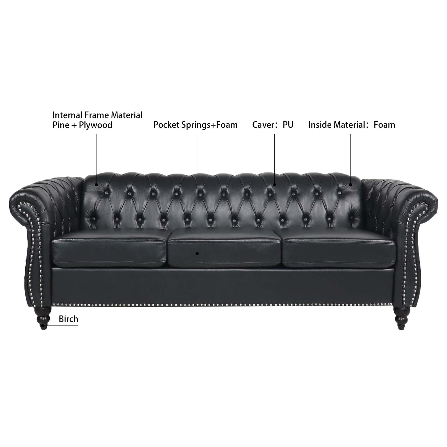Ball & Cast 84" Chesterfield Leather Sofa with Channel Tufted Seat Back,Classic 3 Seater Couch w/Roll Arm Nailhead Trim and Upholstered,Mid Century Furniture for Living Room,Bedroom,Office,Black PU