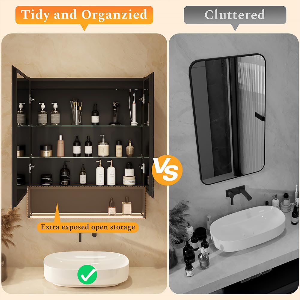 30"×34" Lighted Medicine Mirror Cabinet with Storage Adjustable Brightness 3 Color Temperature Lighting Anti-Fog Sturdy Aluminum Medicine Cabinet with Lights 2 Socket & 2 USB Ports & Adjustable Shelf
