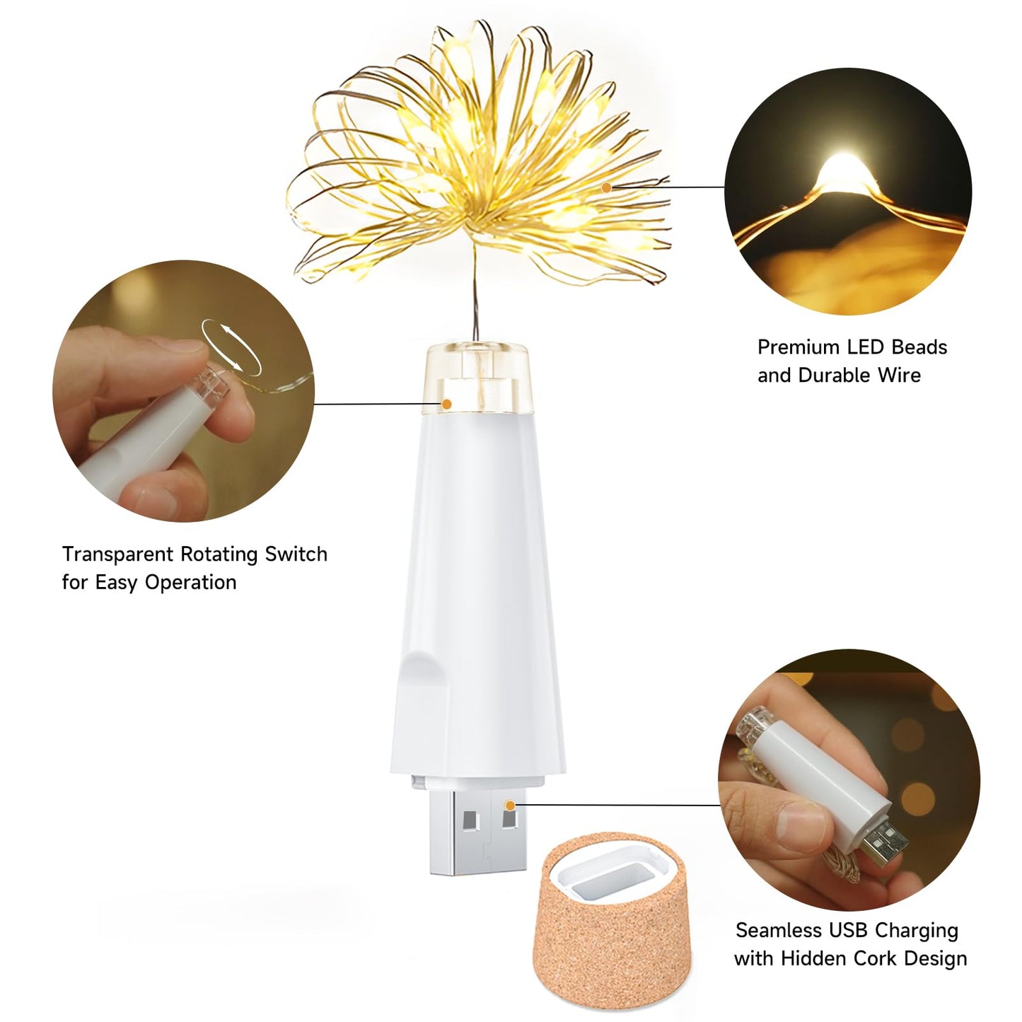 Umiwe Bottle Lights, USB Rechargeable Fairy Lights, 3 Pack, Warm+, Model: Umiwe bottle lights001