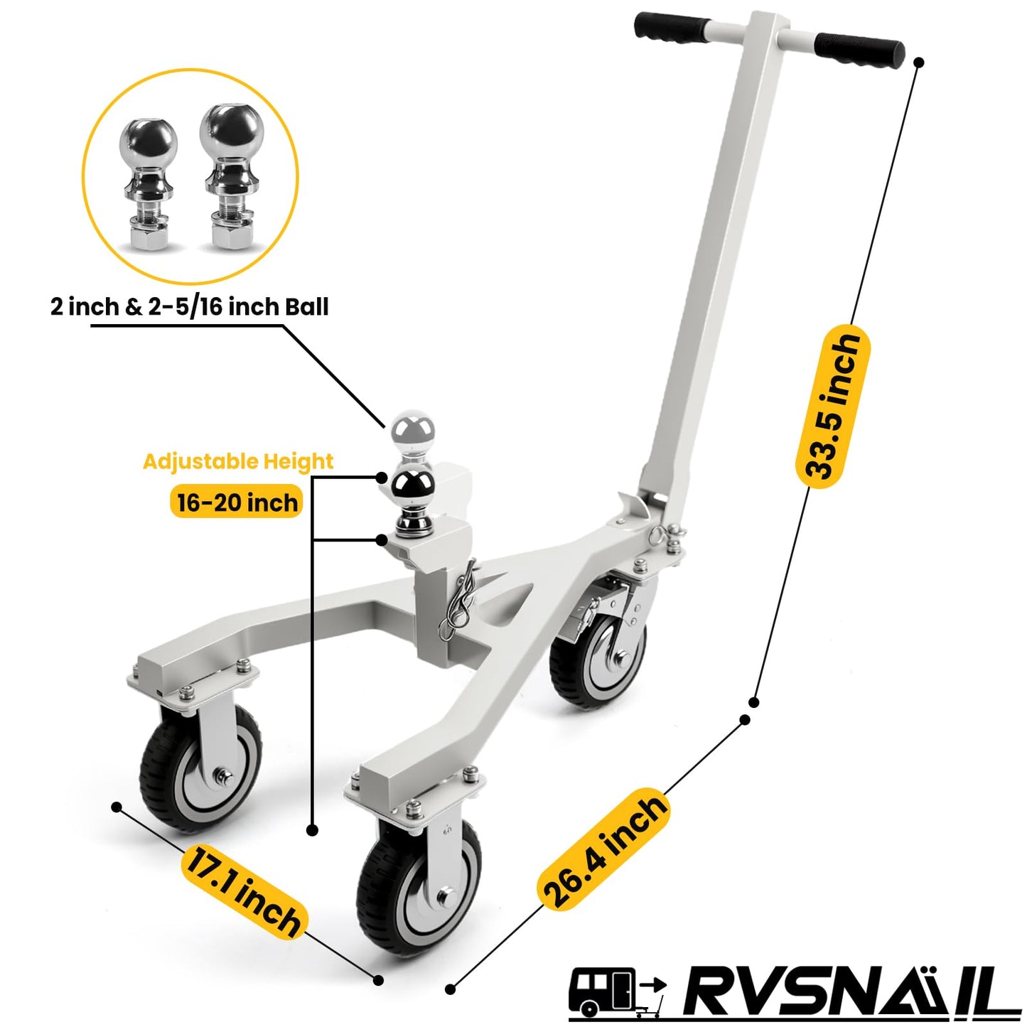 RVSNAIL Trailer Dolly-Heavy Duty Trailer Mover Supports 20,000 lbs Load & 3,500 lb Max Tongue Weight, Universal Fit for RV, Boat, Camper, Jet Ski, Motorcycle, Includes 2" & 2-5/16" Receiving Tongues