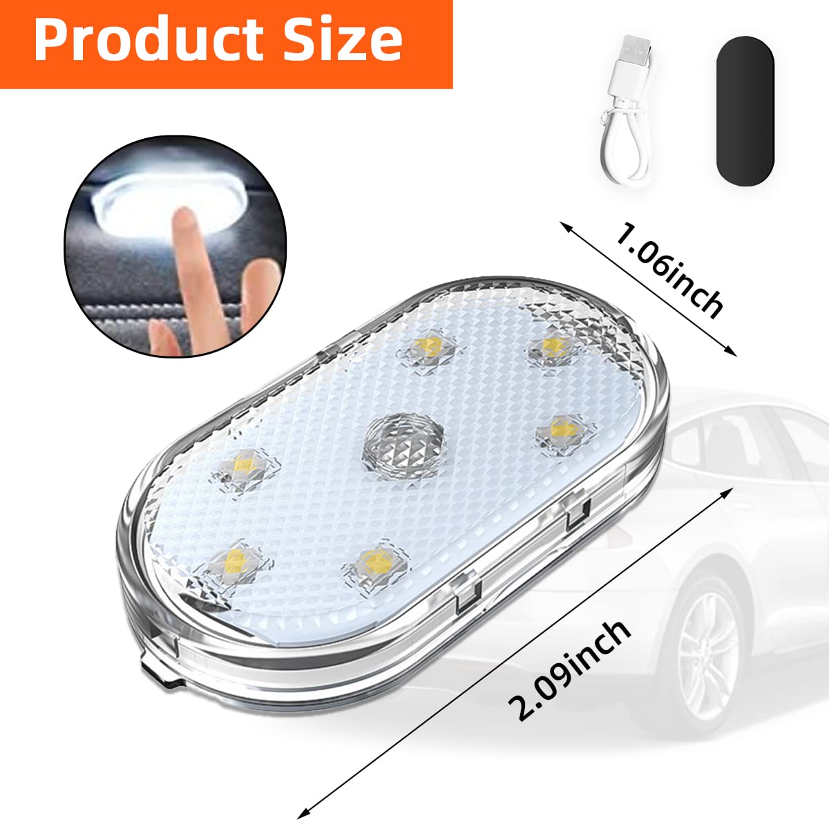 Ziciner Car Wireless LED Lights, Super Bright USB Rechargeable Bulb, Colorful, 2 PCS, ABS Material