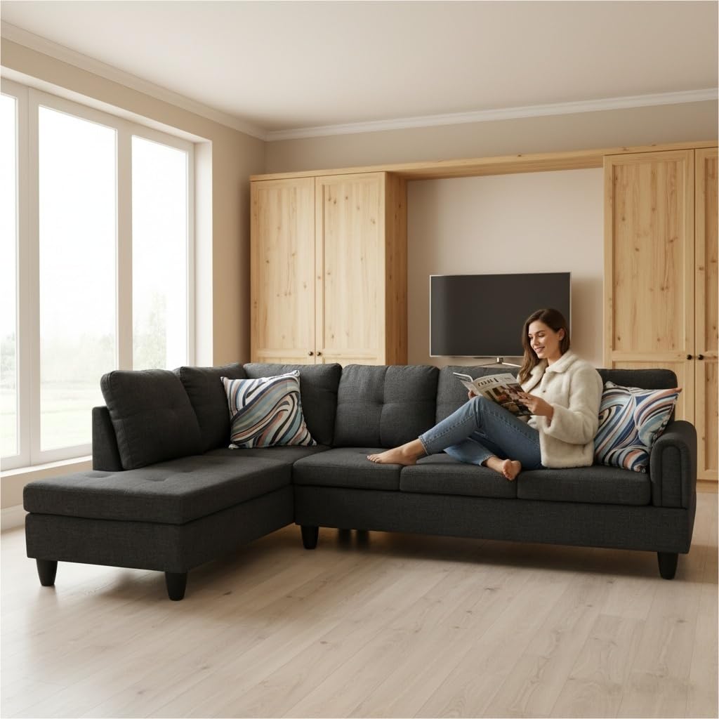 Trygoal Modern L-Shaped Sectional Sofa with Chaise Lounge, 4-Seater Fabric Couch with High-Density Foam Cushions, for Living Room, Apartment, Studio, Easy Assembly, Off-White