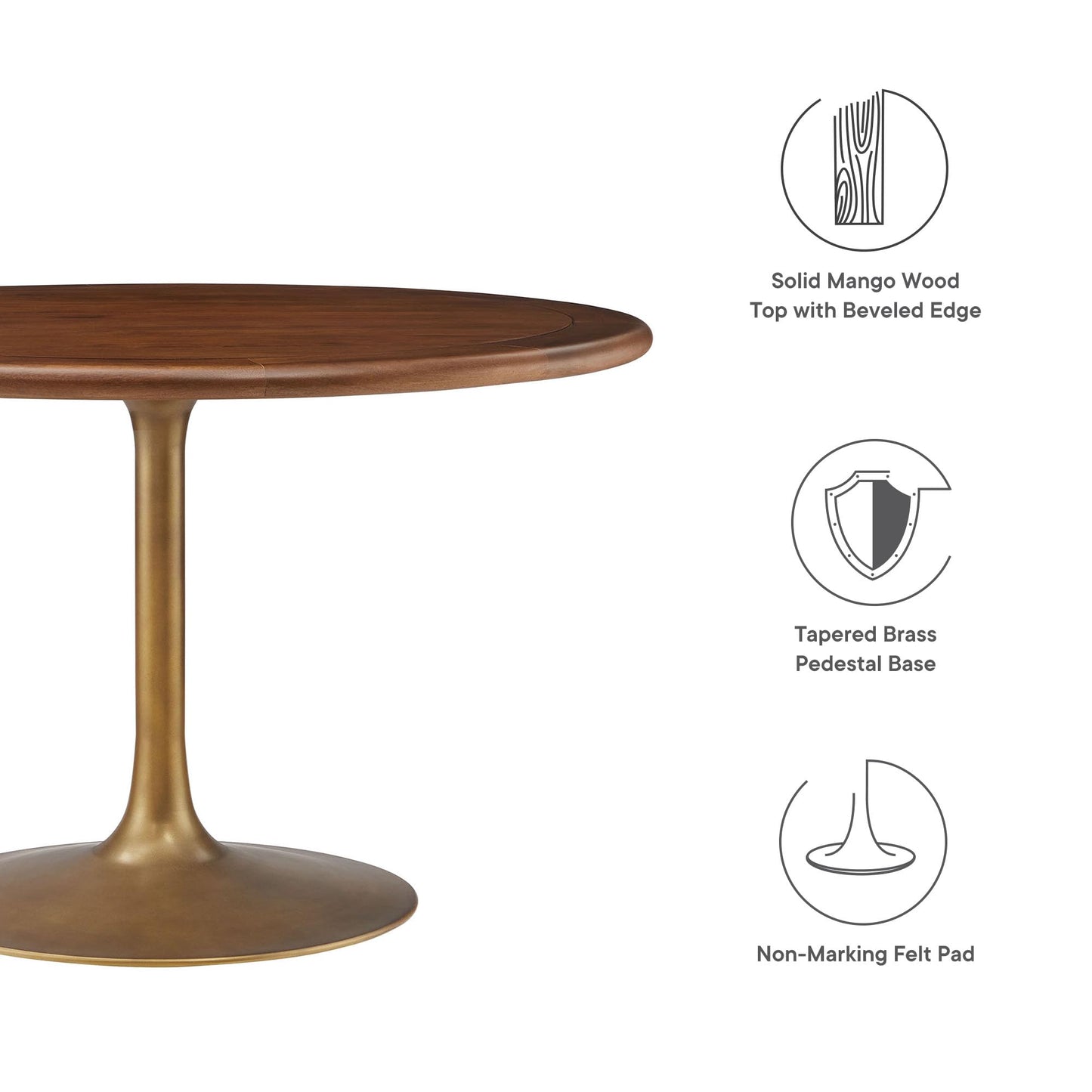 Modway Lippa 48 Inch Round Wood Dining Table with Metal Pedestal in Brass Walnut - Modern Industrial Dining Table for 4 People - Solid Wood Tulip Kitchen Table