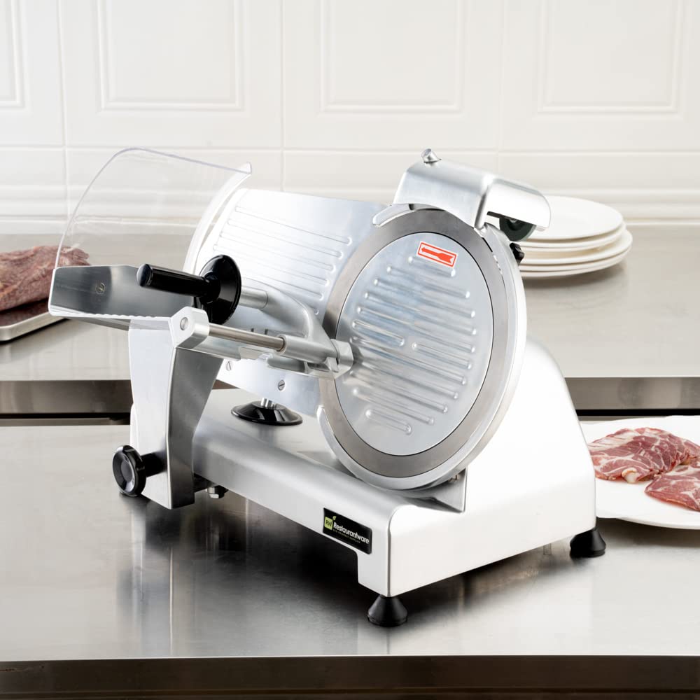 Restaurantware Bio Tek Meat Slicer 1 Adjustable Slice Size Manual Slicer - 200W Operation 0.25 Horsepower Stainless Steel Deli Slicer Built-In Sharpener Fixed Ring Guard