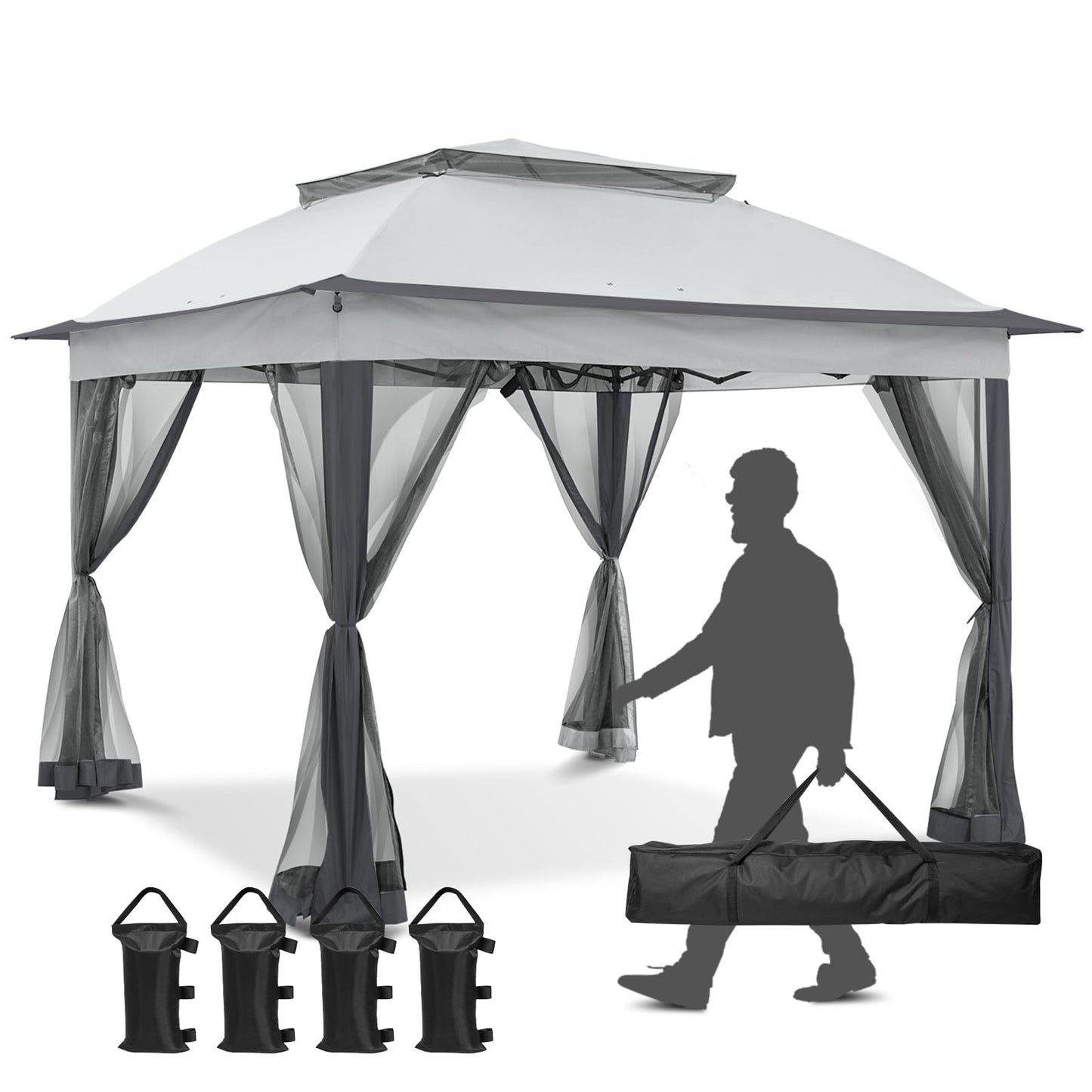 INTER HUT 11x11 Pop Up Gazebo Tent with Mesh Netting, Instant Outdoor Canopy with UPF 50+ UV Protection, Water Resistant, Gray