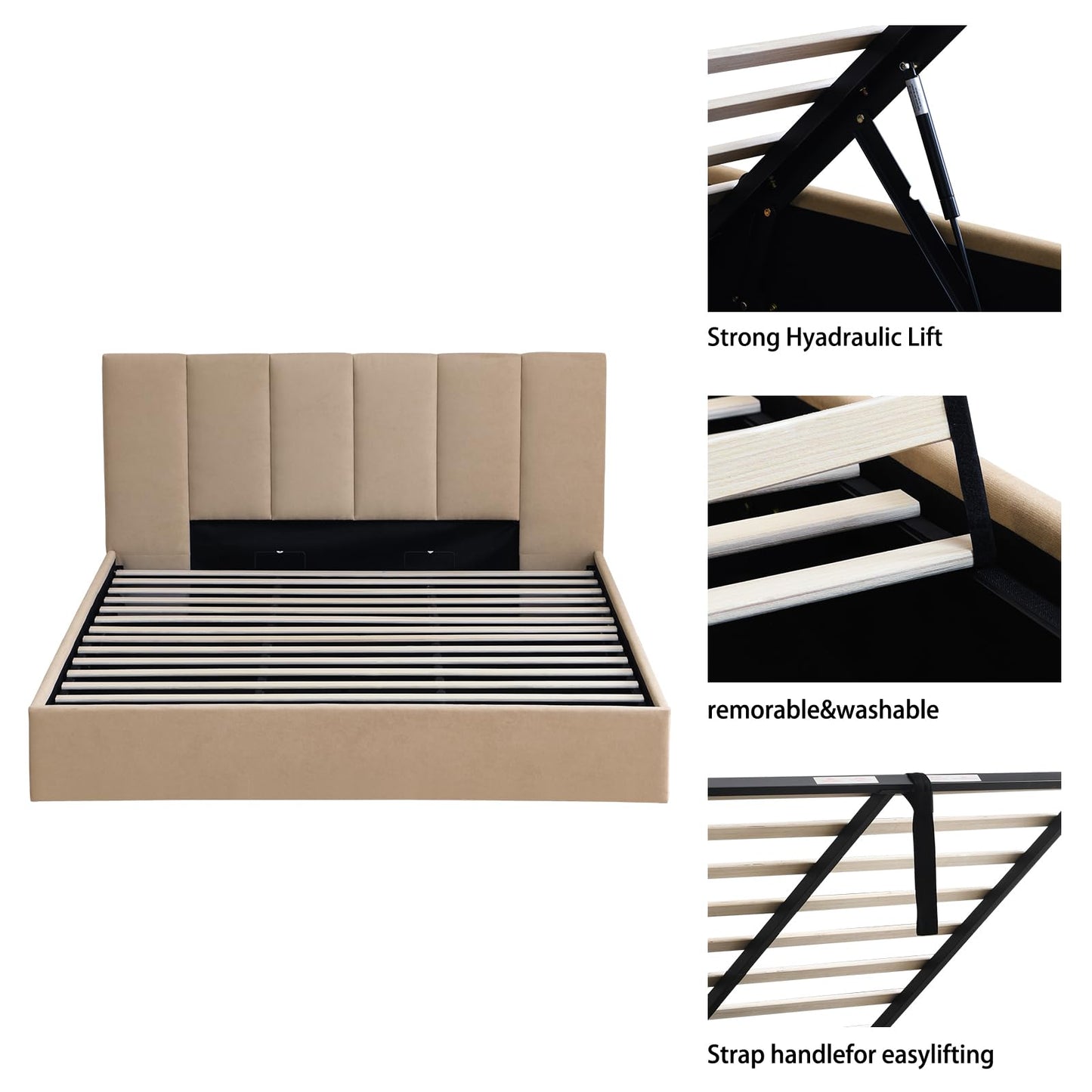 VELOCAVA King Size Upholstered Lift-Up Storage Bed, Beige Linen-Look Fabric Bed Frame with Vertical Panel Headboard, Hydraulic Lift Storage, Wooden Slat Support, No Box Spring Needed