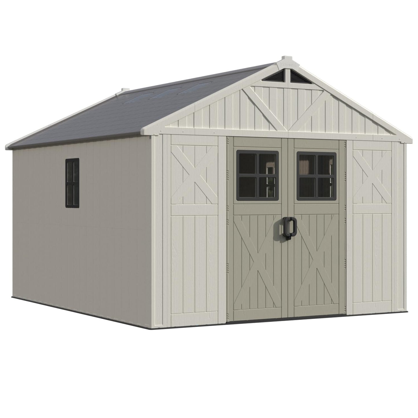 Patiowell 10x12 FT Outdoor Storage Shed with Floor and Lockable Door, All Weather Plastic Shed Garden Shed with Skylight and Multiple Windows for Backyard, Patio, Lawn, Beige