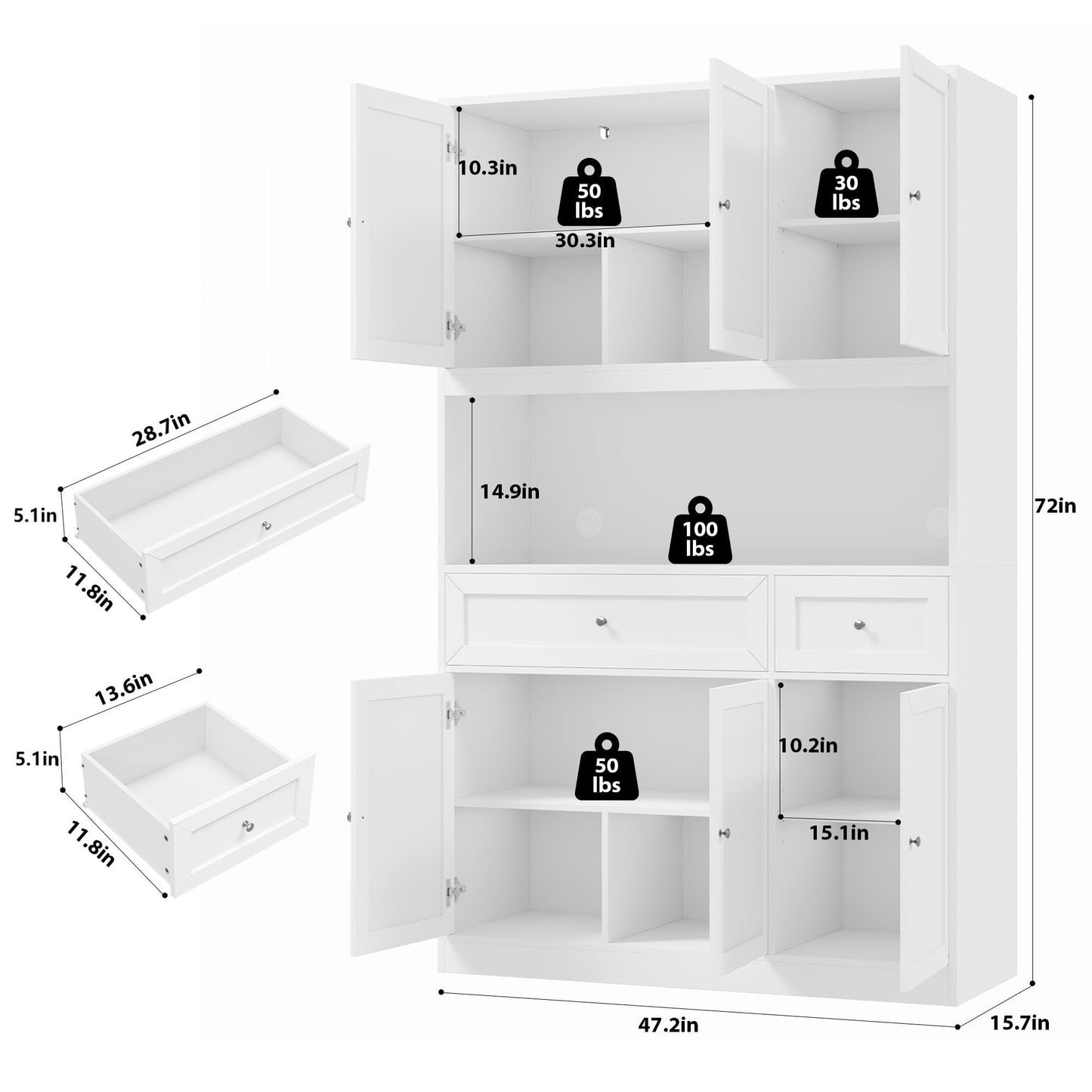 BOTLOG 72" Kitchen Pantry Cabinet, Kitchen Hutch with Microwave Stand, Buffet Cabinet with Hutch for Dining Room, White