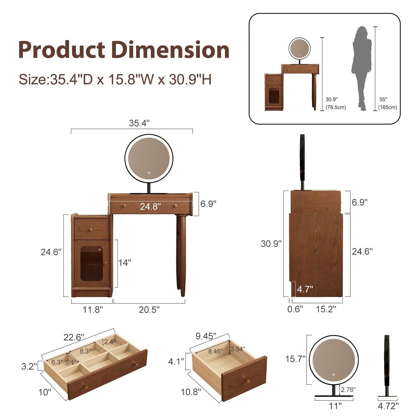 Luxury 100% Solid Wood Vanity Desk with Mirror, Mid-Century Modern Makeup Table with Glass Top & Ambient Light, 2-in-1 Vanity and Nightstand with Storage Cabinet for Bedroom ([Walnut] Desk + Mirror)