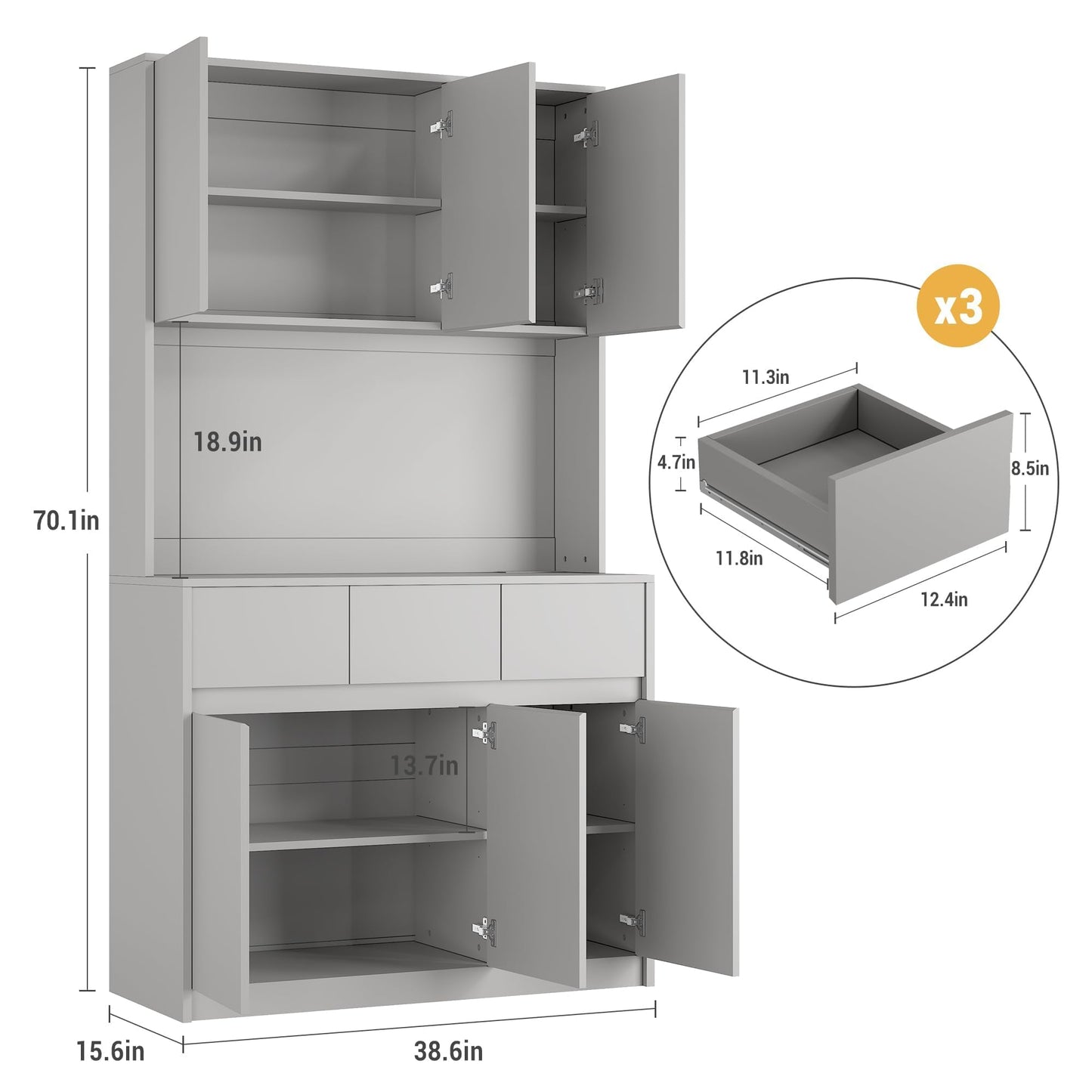 71" Kitchen Pantry Cabinet,Tall Storage Cabinet with Doors & Shelves Adjustable, Kitchen Storage Hutch with Microwave Shelf,Coffee Bar,Led Lights&Charging Station,Corner Pantry Cabinet for Living Room