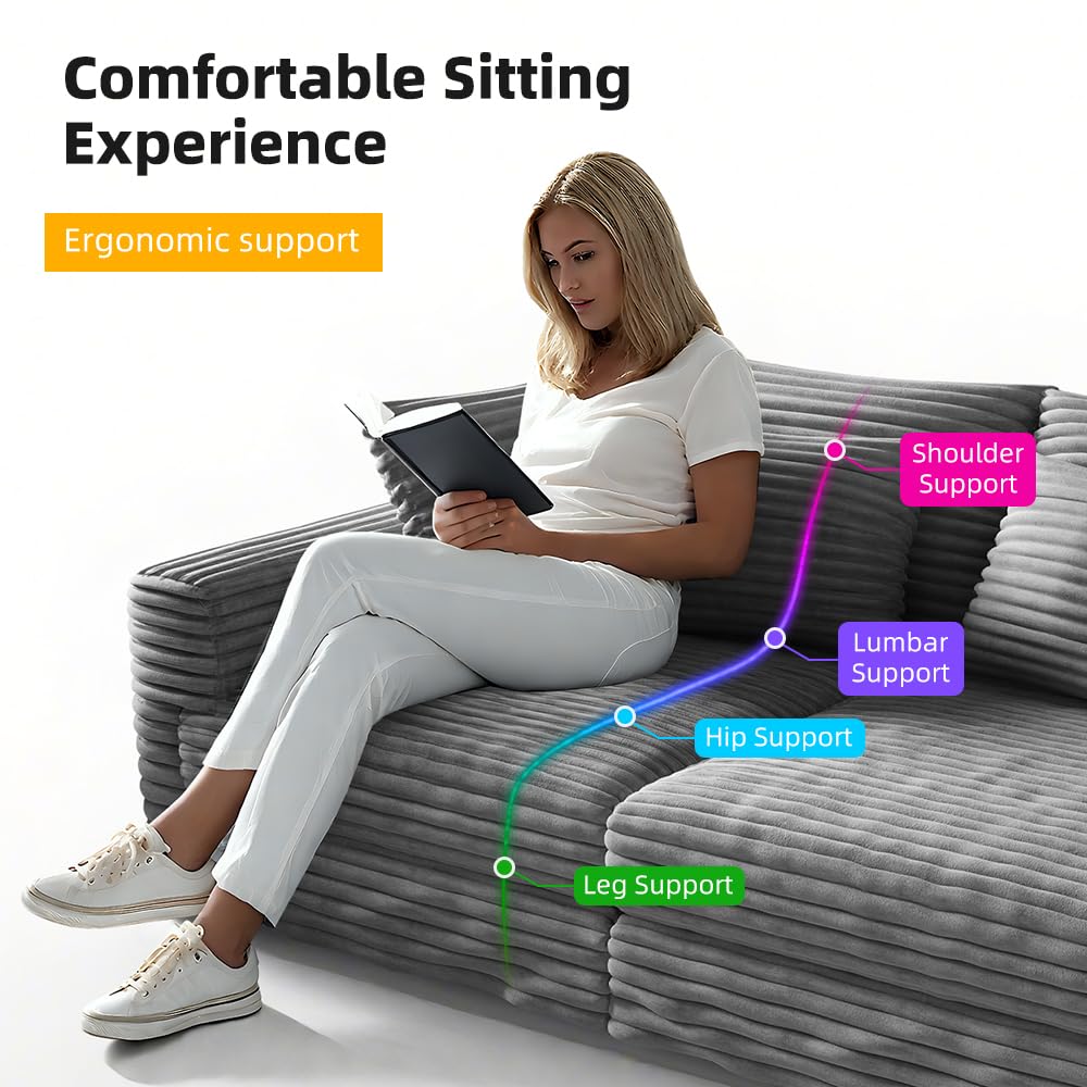 KEIKI 102.4" Sectional Couches, Modern Comfy Upholstered Sofa Cloud Couch, Deep Seat 4 Seat Sofa Set with Soft Pillows for Living Room Bedroom,Apartment,Office, Grey