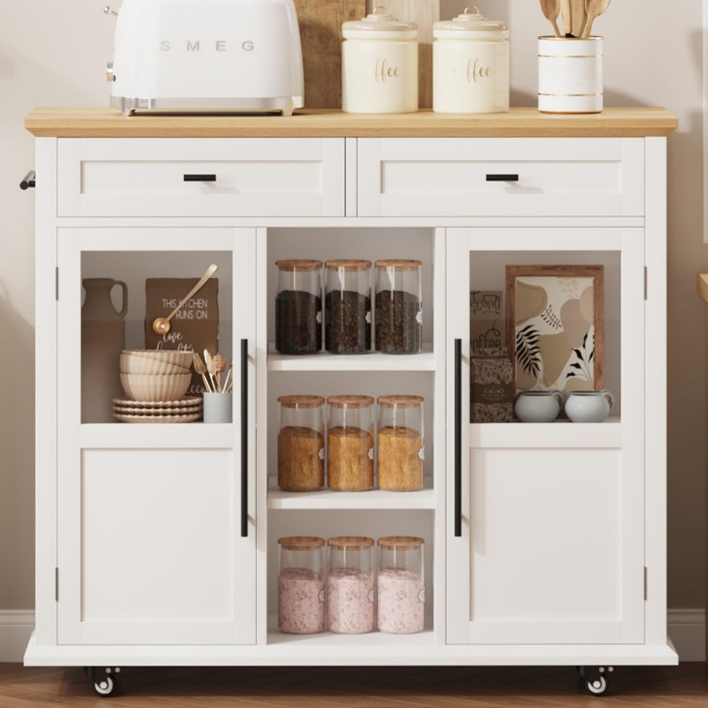 GarveeHome 41 in Rustic Kitchen Island on Wheels - Wood Drop-Leaf Table with 3-Tier Storage, Mobile Coffee Bar Cart for Small Spaces (White & Natural)