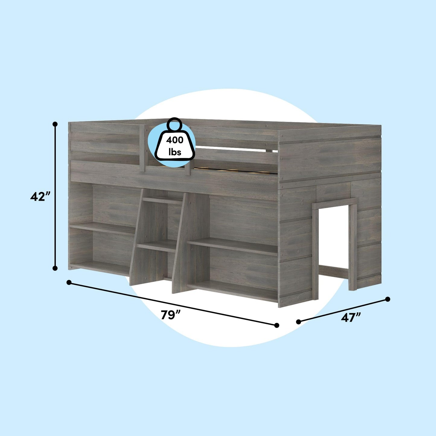 Max & Lily Modern Farmhouse Low Loft Bed, Twin Bed Frame for Kids with 2 Bookcases, Driftwood