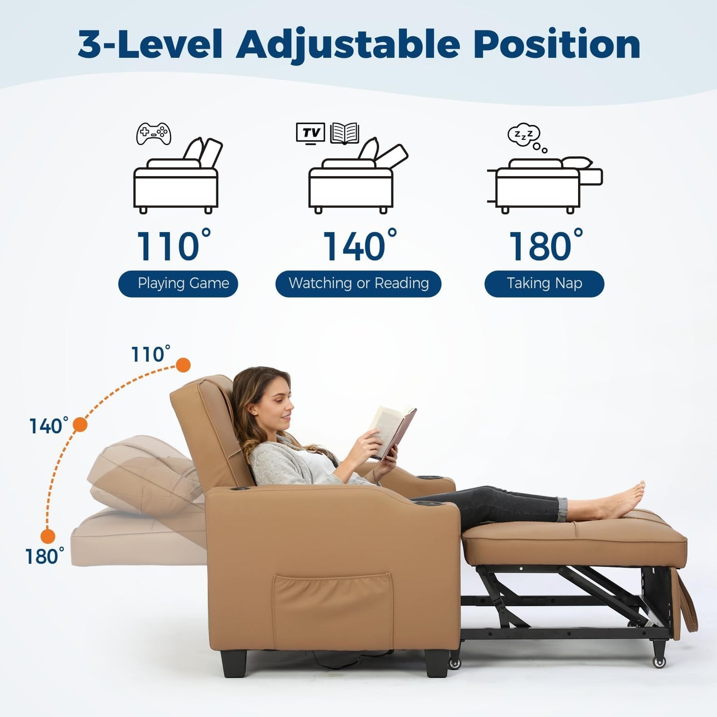 Sleeper Chair Pull Out Bed, 4 in 1 Convertible Sofa Chair Bed with Vibration Massage Lumbar Pillow, Single Sofa Recliner with USB/Type-C Port, Cup Holders and Side Pocket for Small Spaces (Brown)