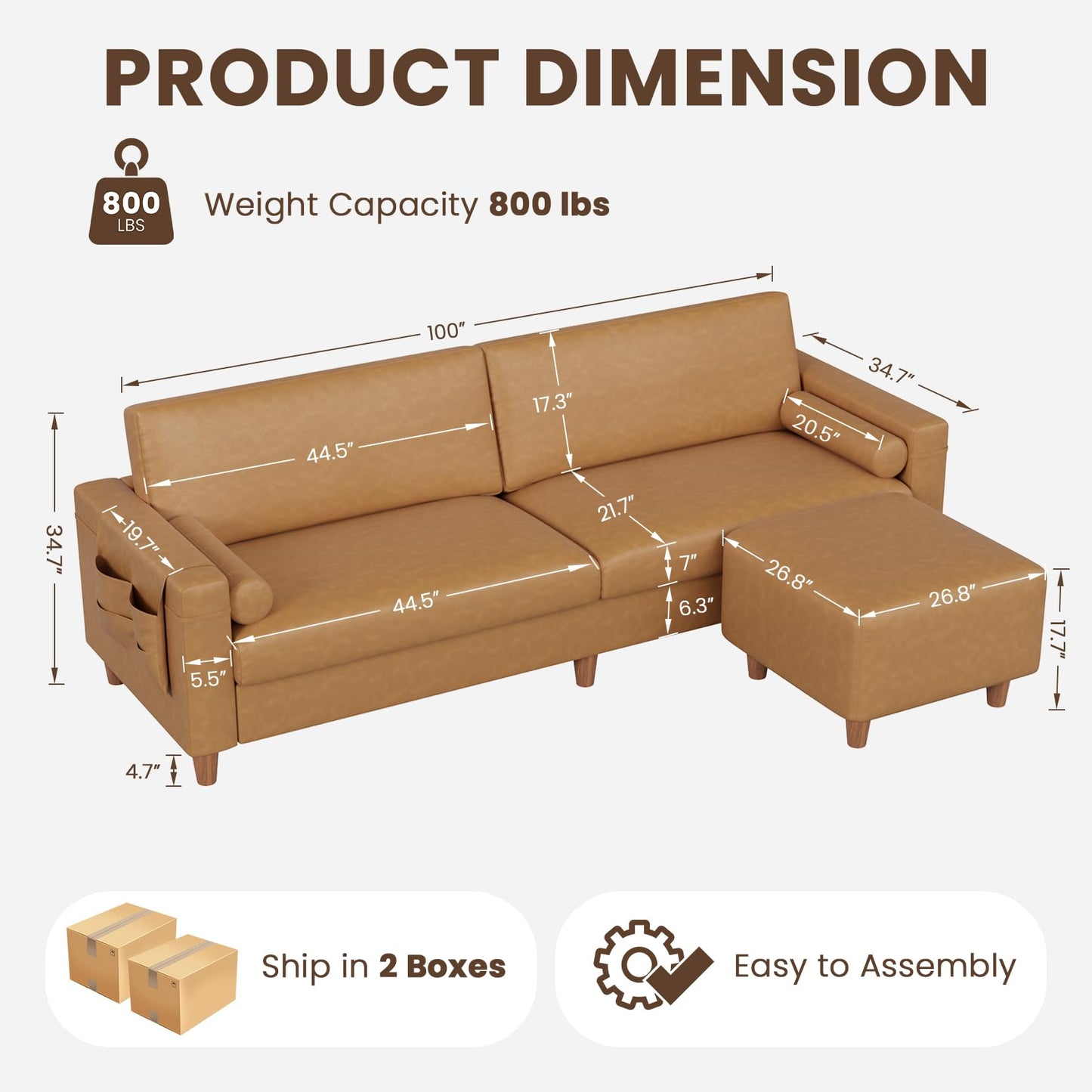 Vesgantti 100" Faux Leather Sofa with Movable Ottoman, Wide Seating L Shaped PU Leather Couch with Side Pocket, Comfy Mid Century Modern Modular Sectional Sofa for Living Room, Office, Camel