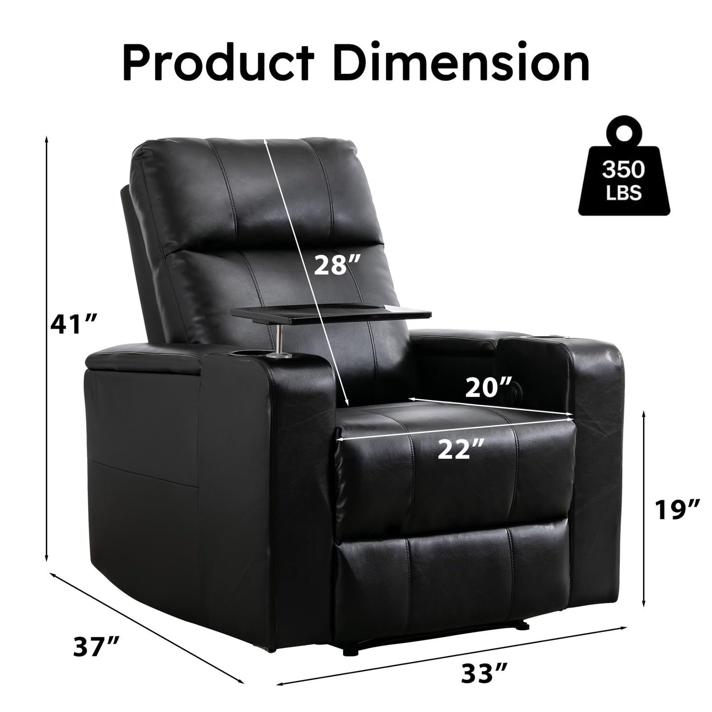 ANJ Home Theater Seating Power Recliner with Hidden Arm Storage, Sigle Faux Leather Recliners with Tray Table, Electric Movie Reclining Chairs with USB Ports & Cup Holders for Media Room, Black
