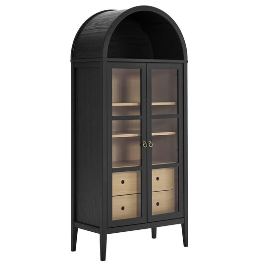 Modway Nolan Modern Farmhouse 71 Inch Tall Arched Storage Display Cabinet in Black Oak