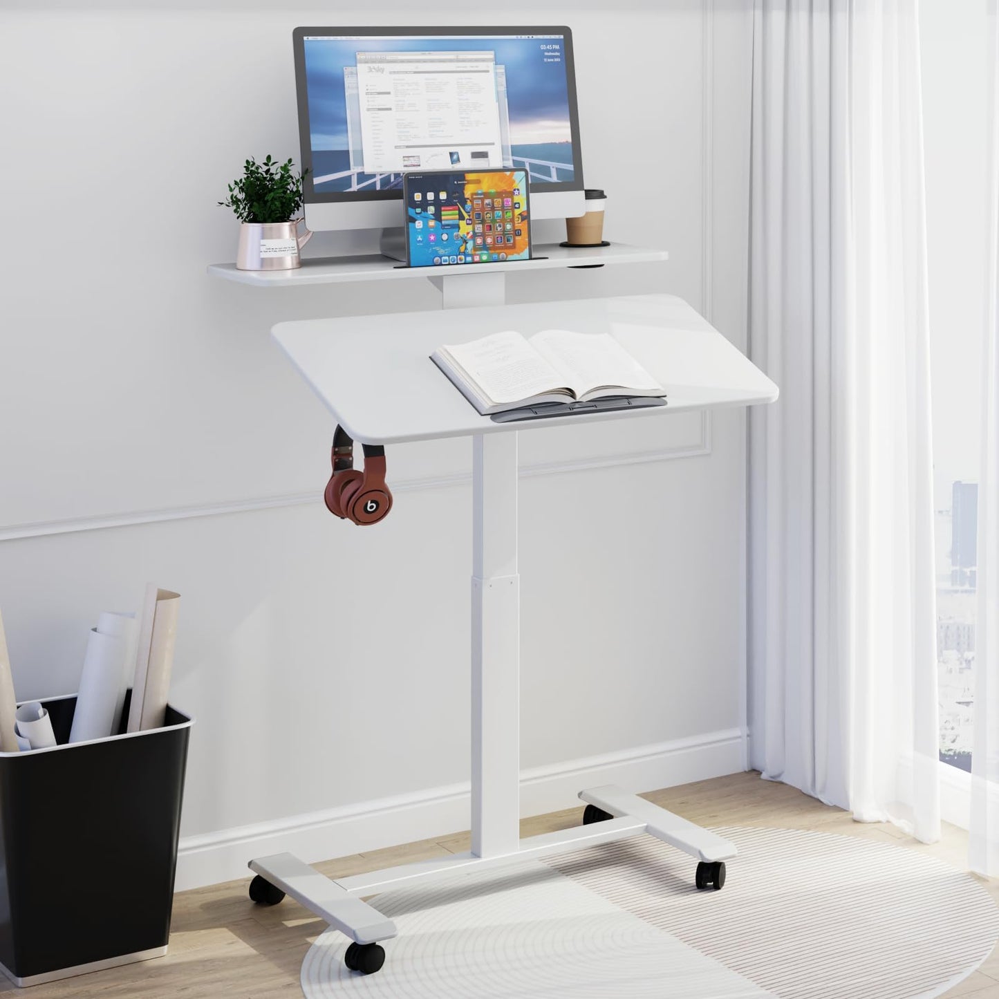 TecbL Pneumatic Standing Desk with Wheels - Adjustable Height 28" - 46" & 0-90° Tilt, 31.5" x 17.7" Skin-Feel Desktop, Rolling Computer Desk for Home Office, Hospital, School (White)