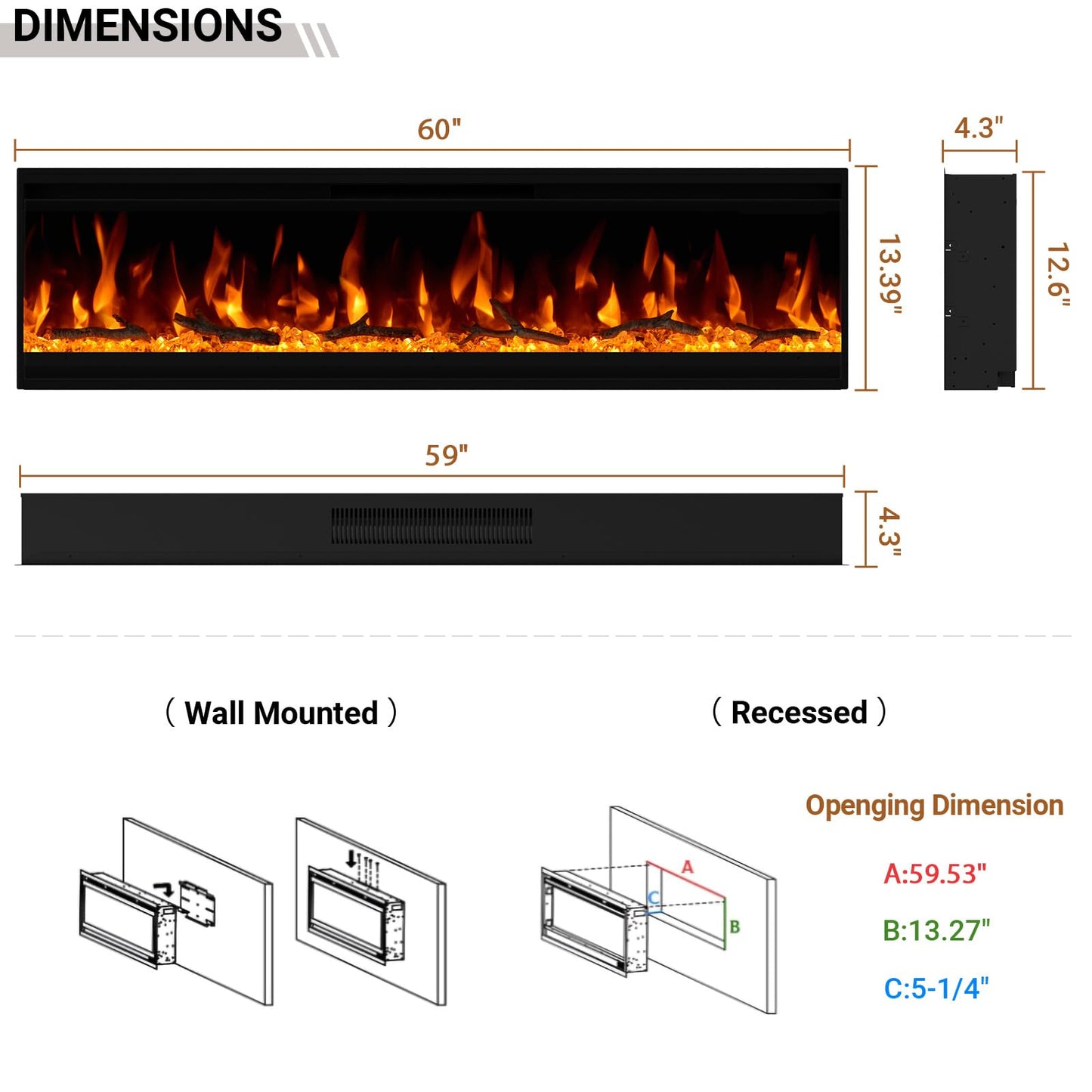 60 inch Electric Fireplace, 4.3" Ultra-Thin Electric Fireplace Inserts, Ultra-Narrow Frame, Wall Mounted and Recessed Fireplace, Log & Crystal, Touch Screen & Remote Control, 1500W