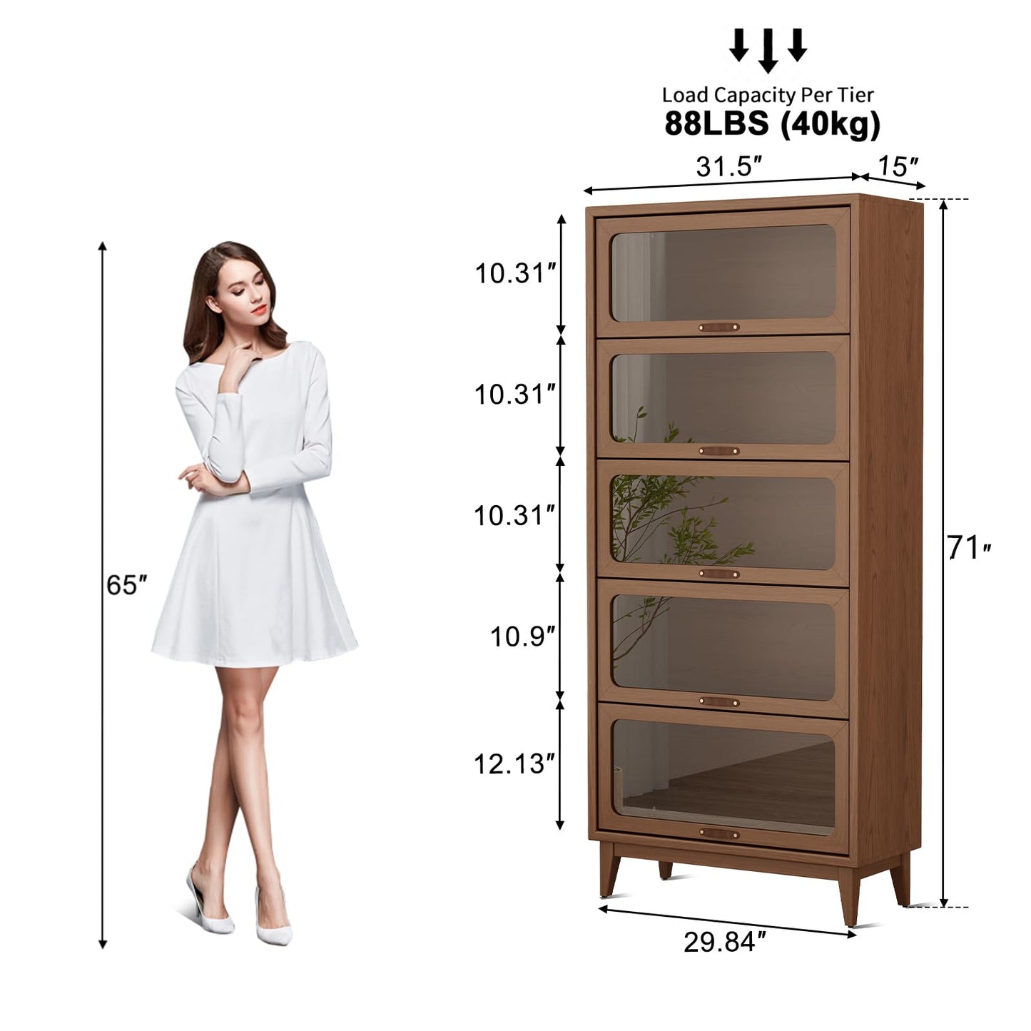 KungFuWood Solid Wood Bookcase with Tempered Glass Doors – Spacious 5-Tier Storage Shelf with Glass-Front Design, Flip-Top Hidden Doors for Apartments & Home Offices (72 Inches Tall)