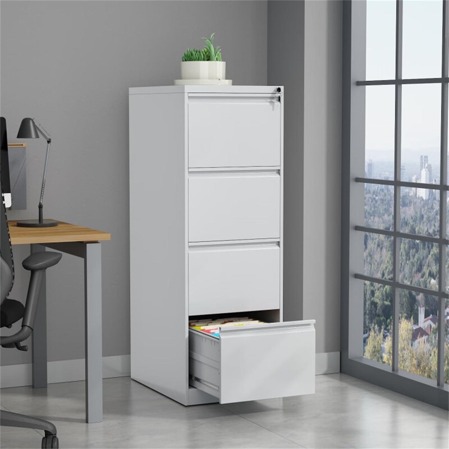GAOMON 4 Drawer File Cabinet, Vertical Metal Filing Cabinets with Lock Storage Cabinet, Lockable Steel Drawers for Hanging Letter/Legal/F4/A4 Files, Home Office Use White