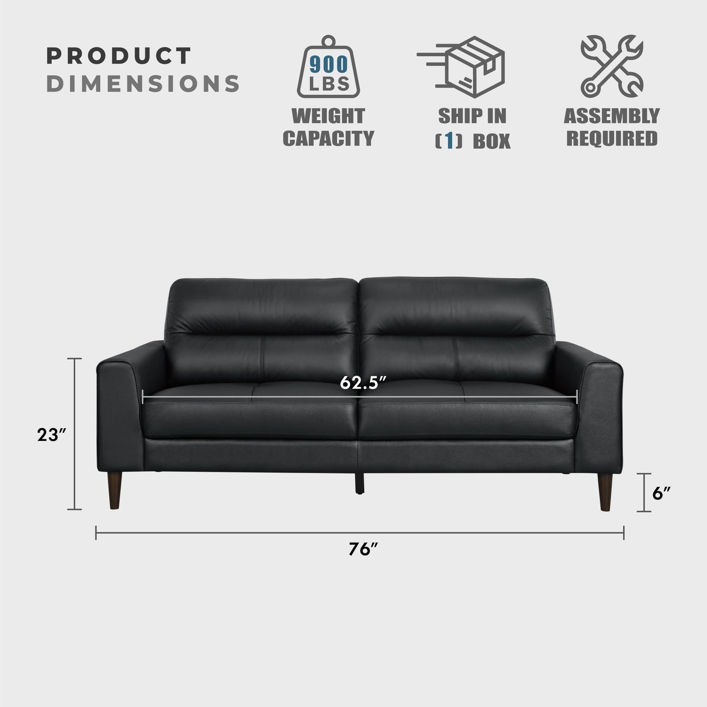 Lexicon Leather Match Couch Sofa, Modern Oversized Sofa, Solid Wood Legs, Top Grain Leather 3 Seater Couch for Living Room, Bedroom, Office, Apartment, Waiting Room, Black