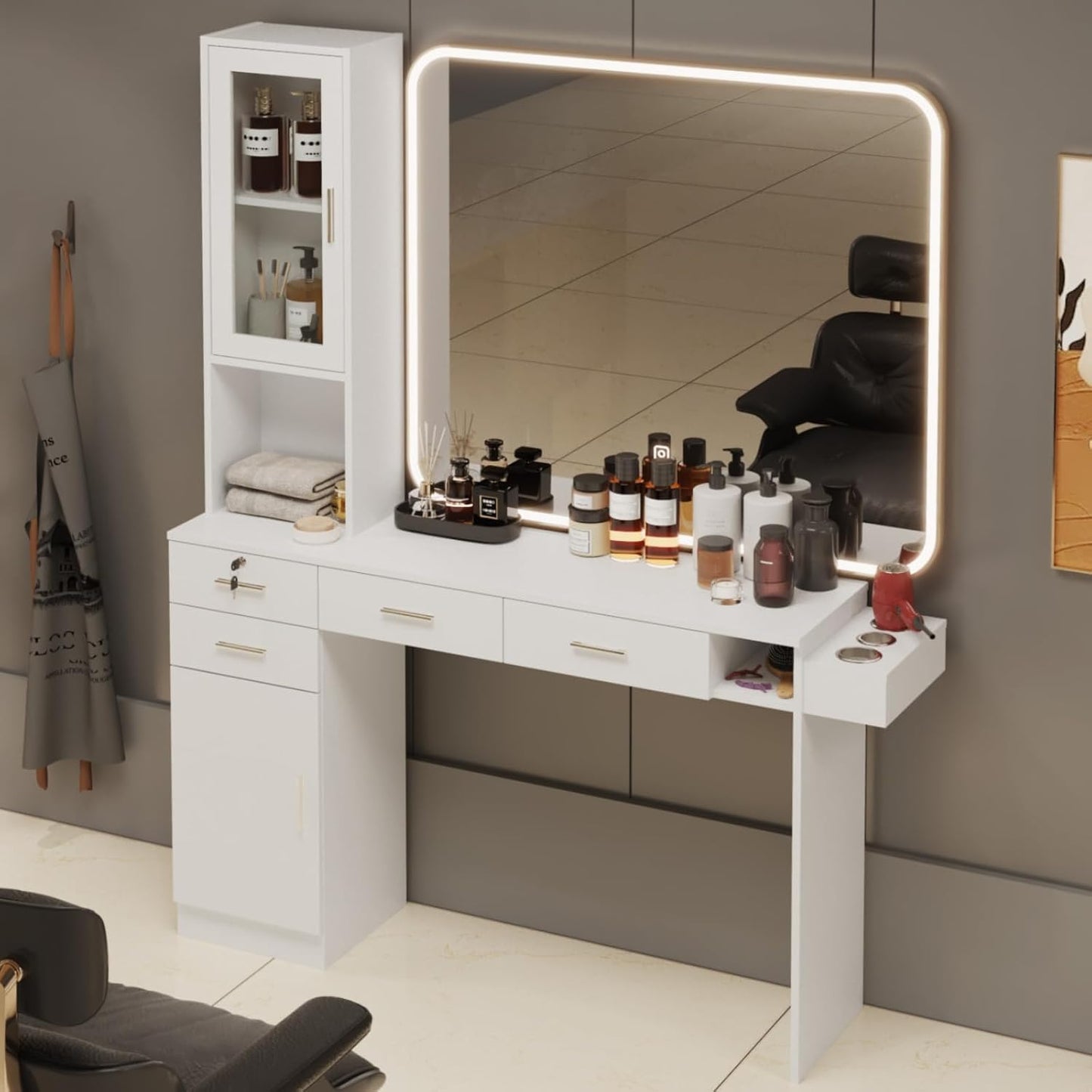 HolaiNail Salon Station for Hair Styling, Wall Mount Barber Salon Cabinet with 3 Hair Dryer Holders, Drawers & Shelves, Beauty Spa Storage Equipment Salon Furniture Without Mirror, White