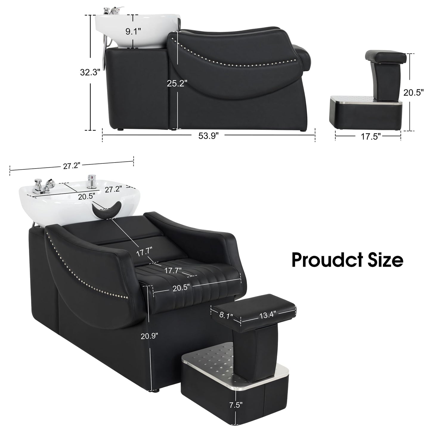 BarberPub Shampoo Backwash Station Chair, Ceramic Shampoo Bowl and Chair Set for Salon with Independent Footrest, Barbershop, Home Salon, Beauty Spa 9115