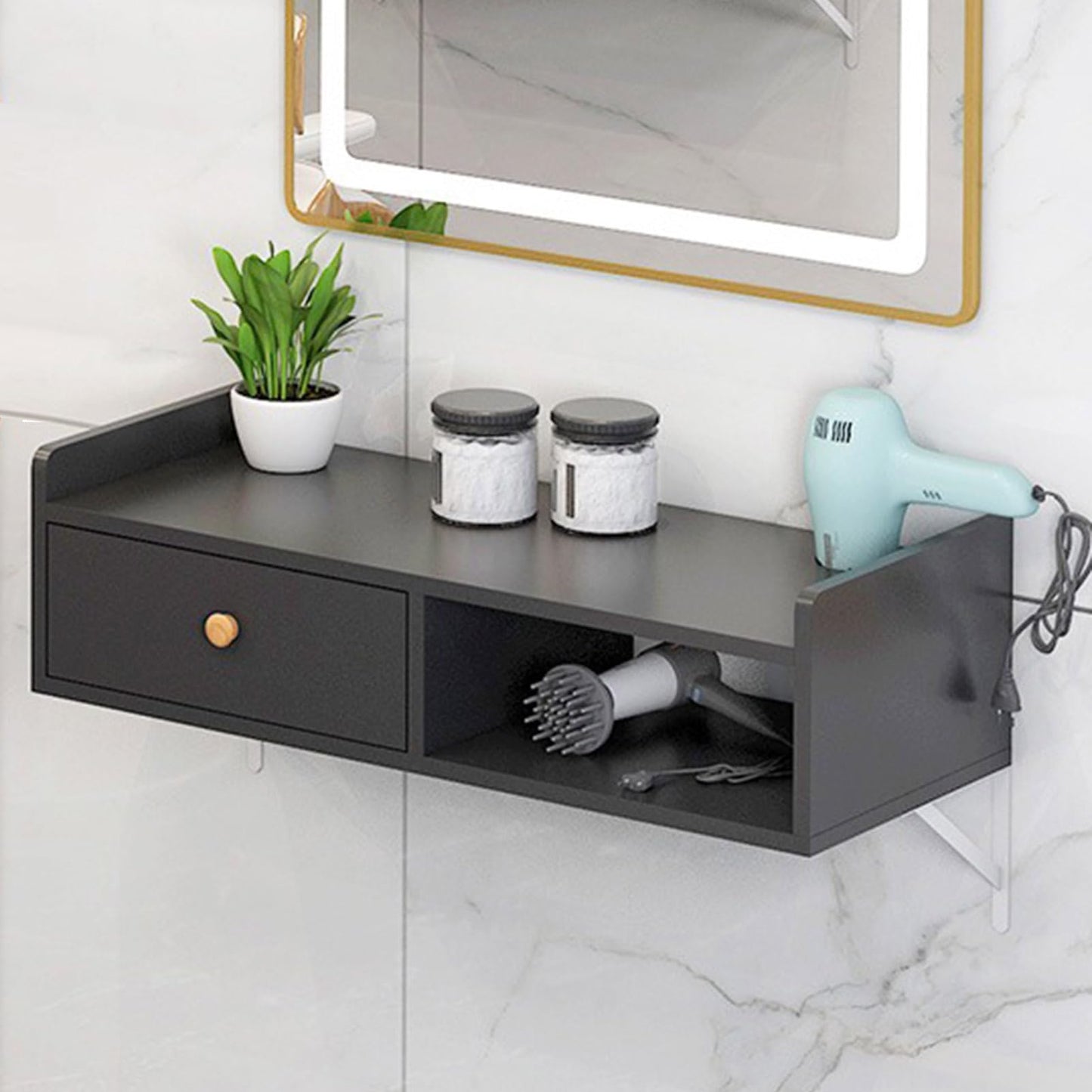 Wall Mount Salon Station - Beauty Salon Equipment with Drawer, Barber Table with Open Shelving, Stylist Storage Cabinet and Hair Dryer Holes for Hair Products