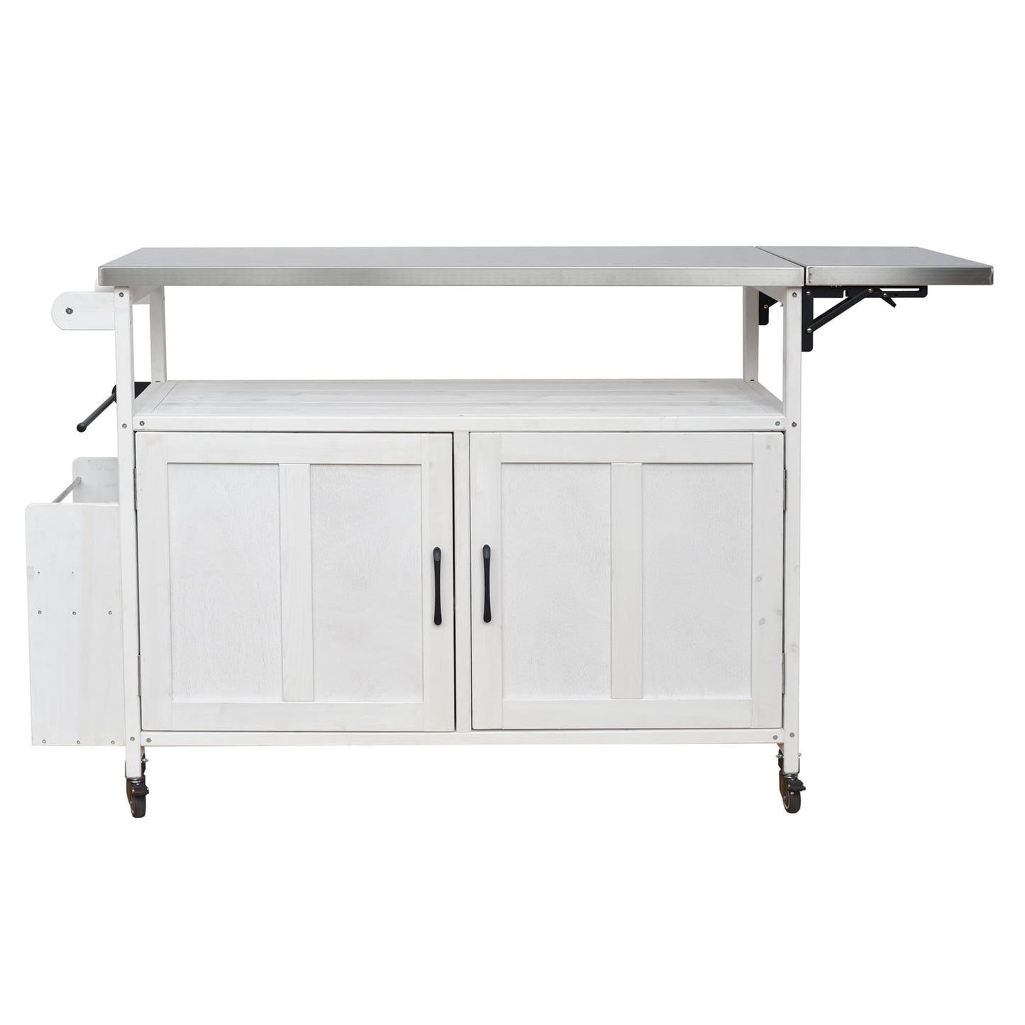 Outdoor Kitchen Island Cart with Foldable Stainless Steel Top, Rolling Grill Table with Adjustable Shelf Storage Spice Rack and Towel Holder, Wooden BBQ Prep Station with Lockable Wheels, White