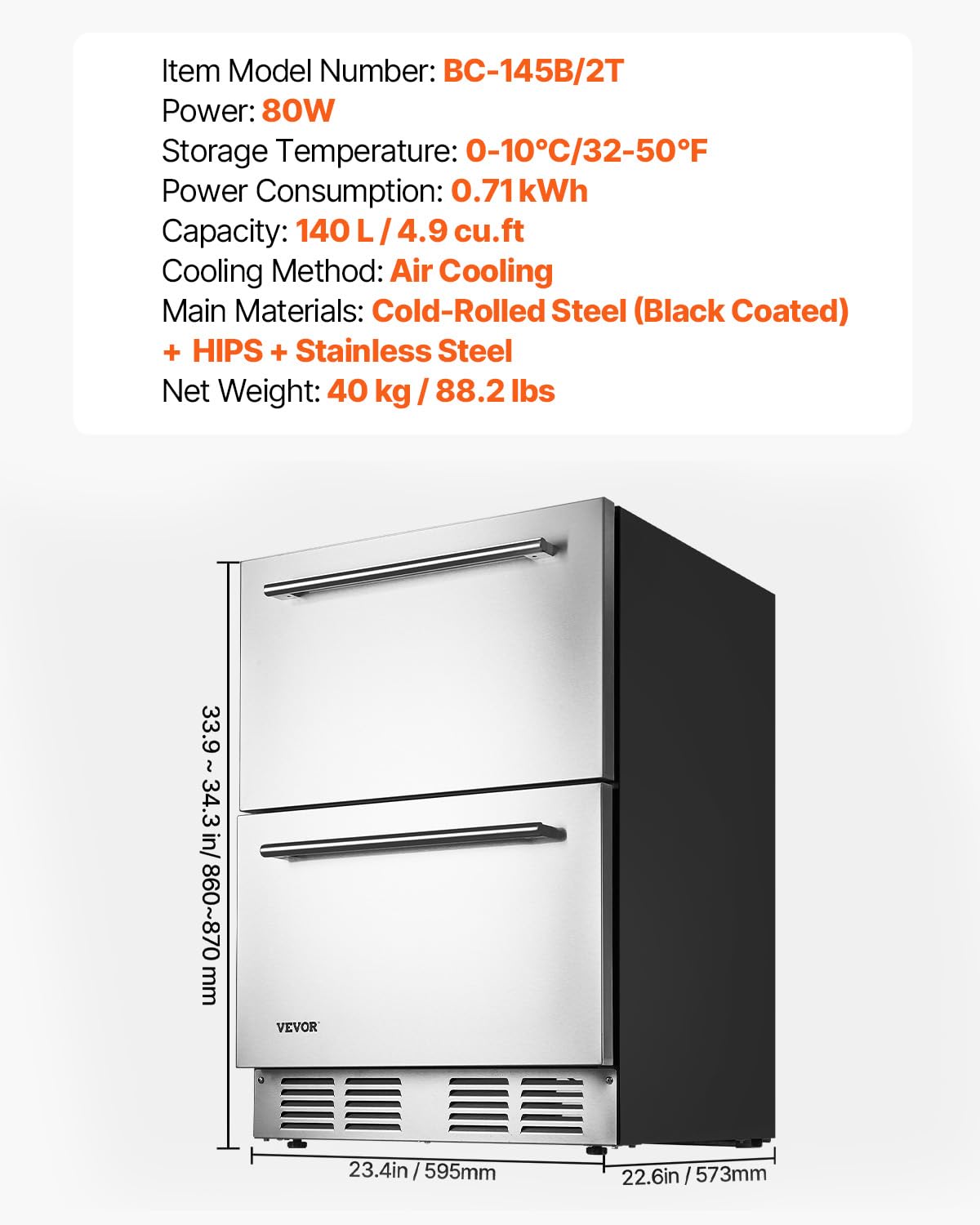 VEVOR 24 Inch Under Counter Drawer Refrigerator, Stainless Steel Dual Drawer Fridge with Temperature Control, Outdoor Refrigerator with Powerful Compressor & LED Display, Fit for Home, Office, etc.