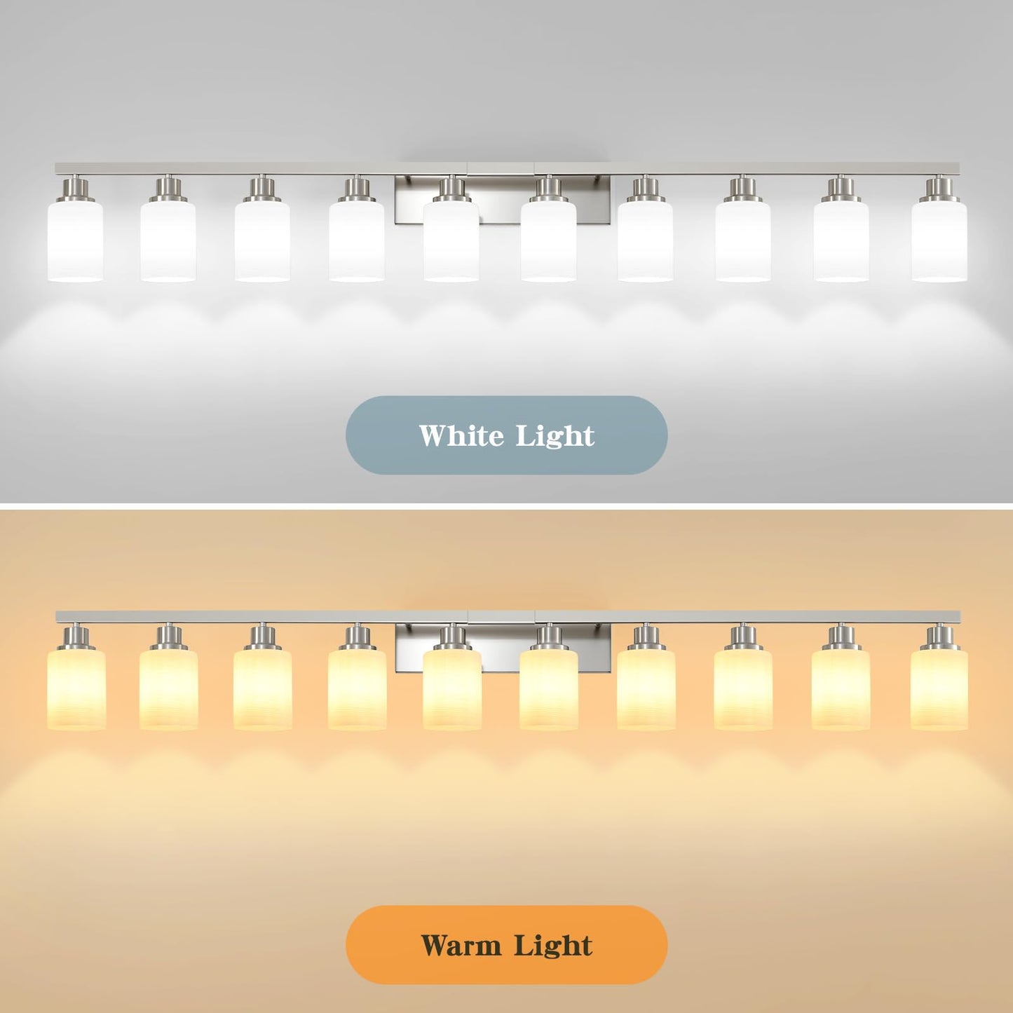 DIKAIDA 10-Light Bathroom Vanity Light Brushed Nickel,64.5in Vanity Lights with White Frosted Glass,Modern Bathroom Wall Lights Fixtures Over Mirror,Wall Sconces Lighting for Bedroom Living Room,E26
