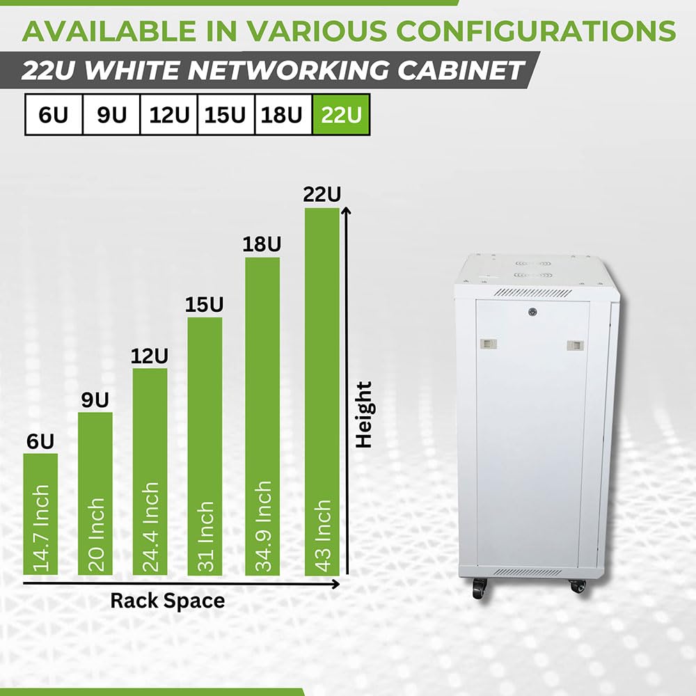 NavePoint 22U Network Cabinet with Glass Door – 22U Wall Mount Server Cabinet White 19” Rack for IT Equipment, AV Devices, Networking Equipment –23” Deep Server Rack Enclosure w/Wheels