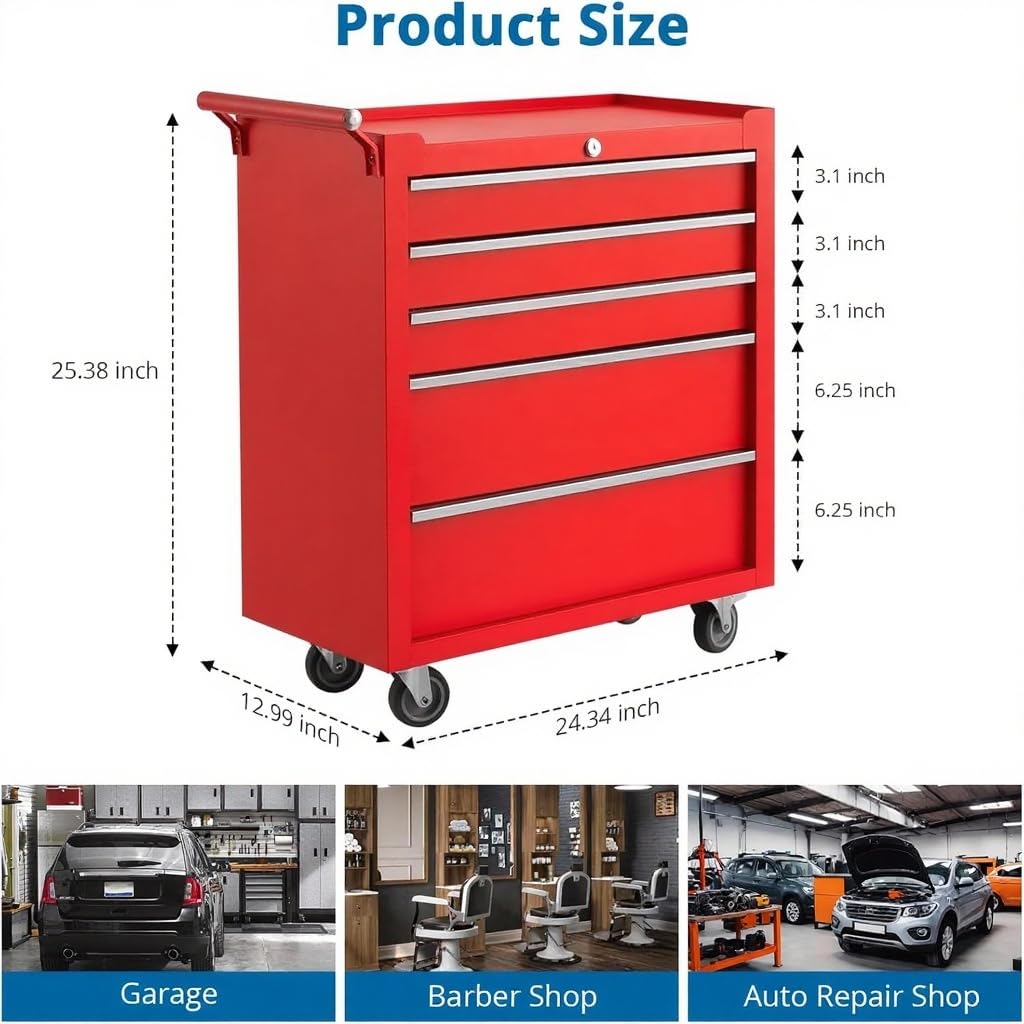 GarveeLife Red Rolling Tool Cabinet, 5-Drawer Tool Storage Cart with Wheels, Portable Tool Chest Organizer with Lock, Drawer Liners, Tool Cart for Garage or Workshop