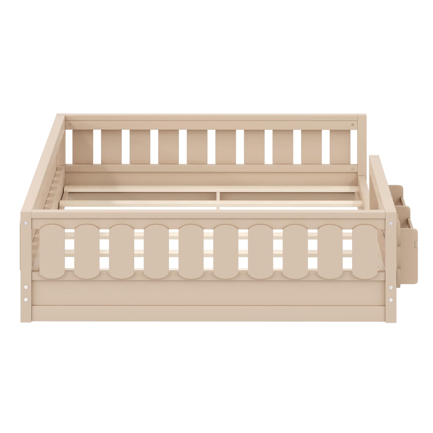 Merax Full Size Platform Bed with Guardrail, Storage Bookshelves - Solid Pine Wood & MDF, No Box Spring Needed, High Weight Capacity (600lbs), Easy Assembly, Natural