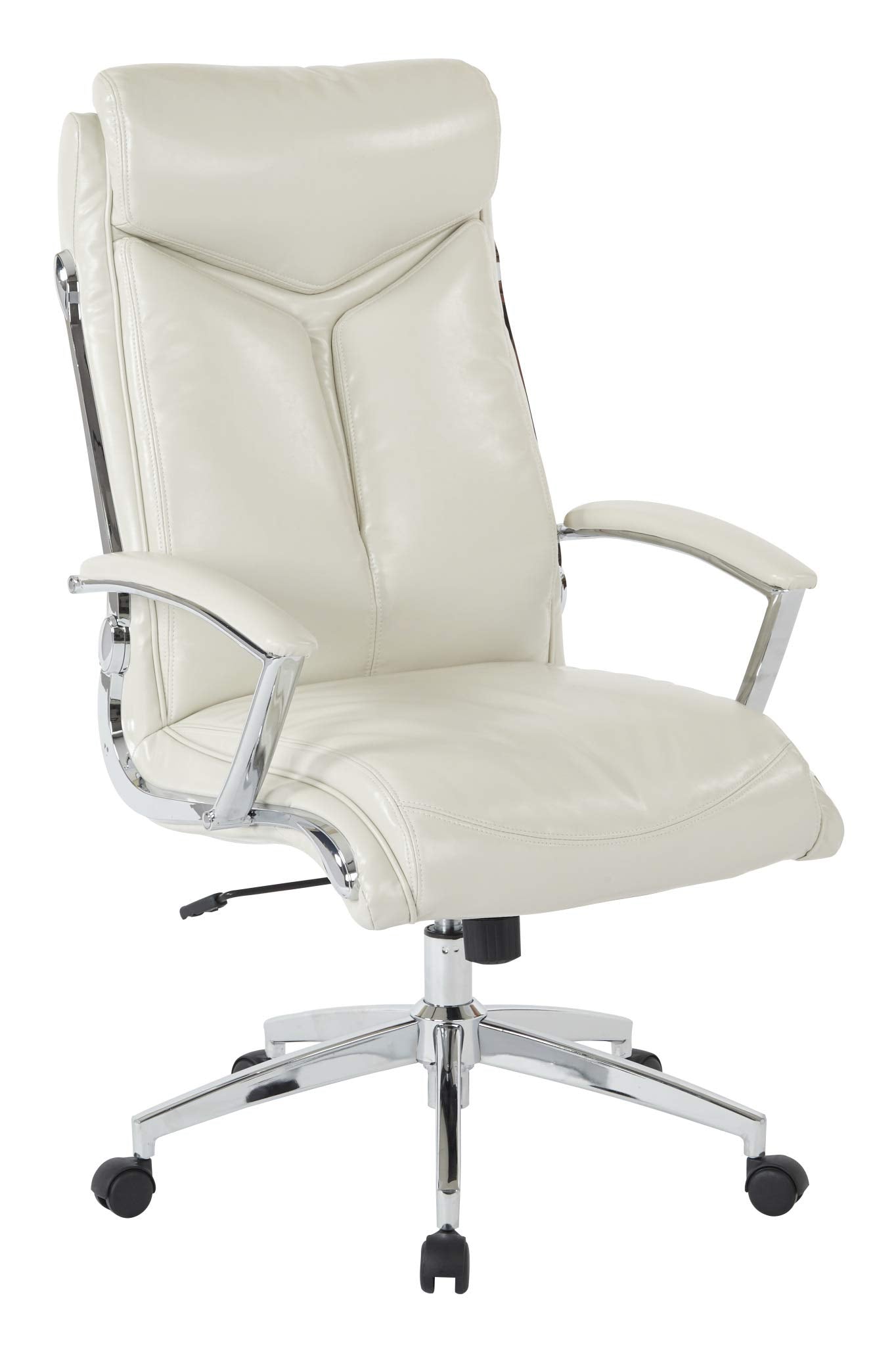 Office Star FL Series Faux Leather Executive High Back Office Chair with Adjustable Tilt and Padded Chrome Arms, Cream