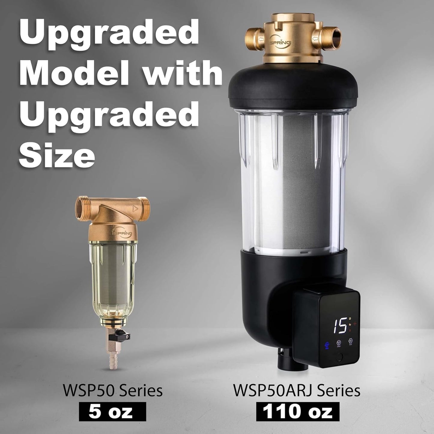 iSpring WSP50ARJ, NSF Certified, Spin-Down Sediment Water Filter, Upgraded Jumbo Size, Large Capacity, Reusable with Touch-Screen Auto Flushing Module, Brass Top Clear Housing, 50 Microns