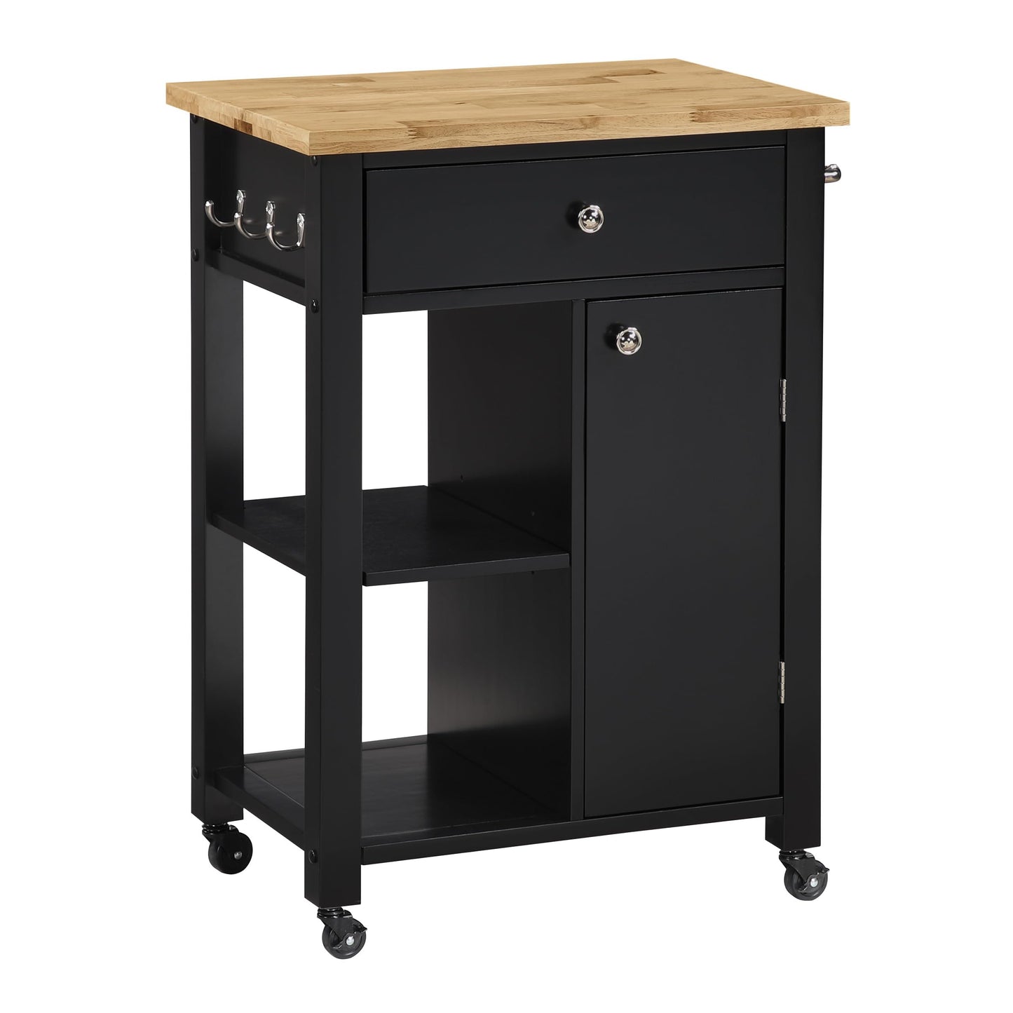OSP Home Furnishings Derry Modern Farmhouse Kitchen Cart with Natural Butcher Block Top, Rolling Storage Cabinet with Drawer, Shelves, Hooks, Black Finish